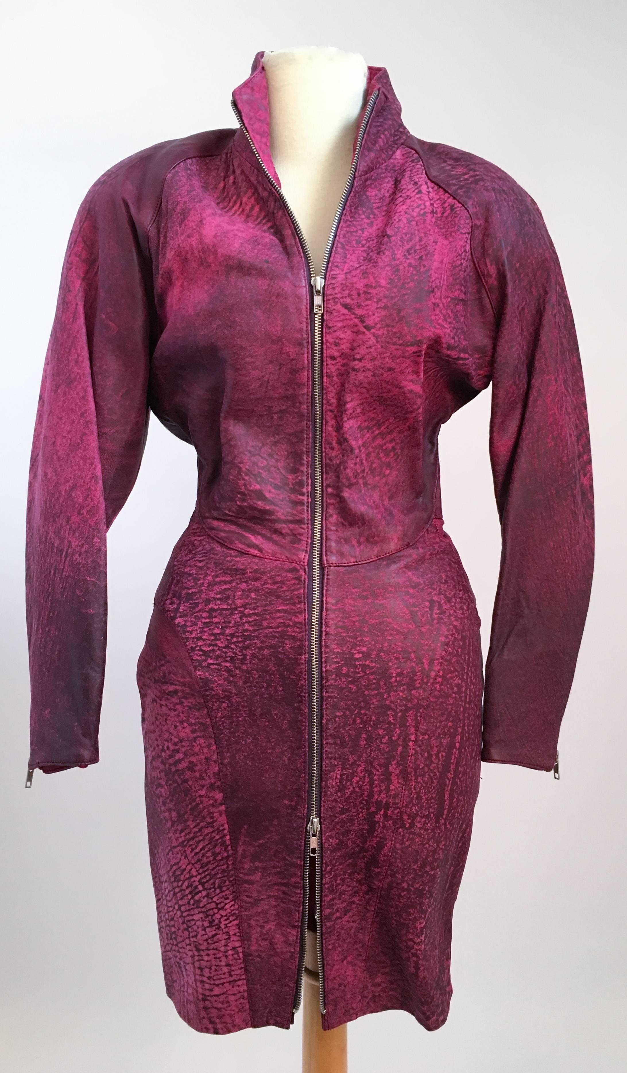 80s Michael Hoban North Beach Leather Pink Zip Up Dress. Double zipper head closure allows for adjustability. 