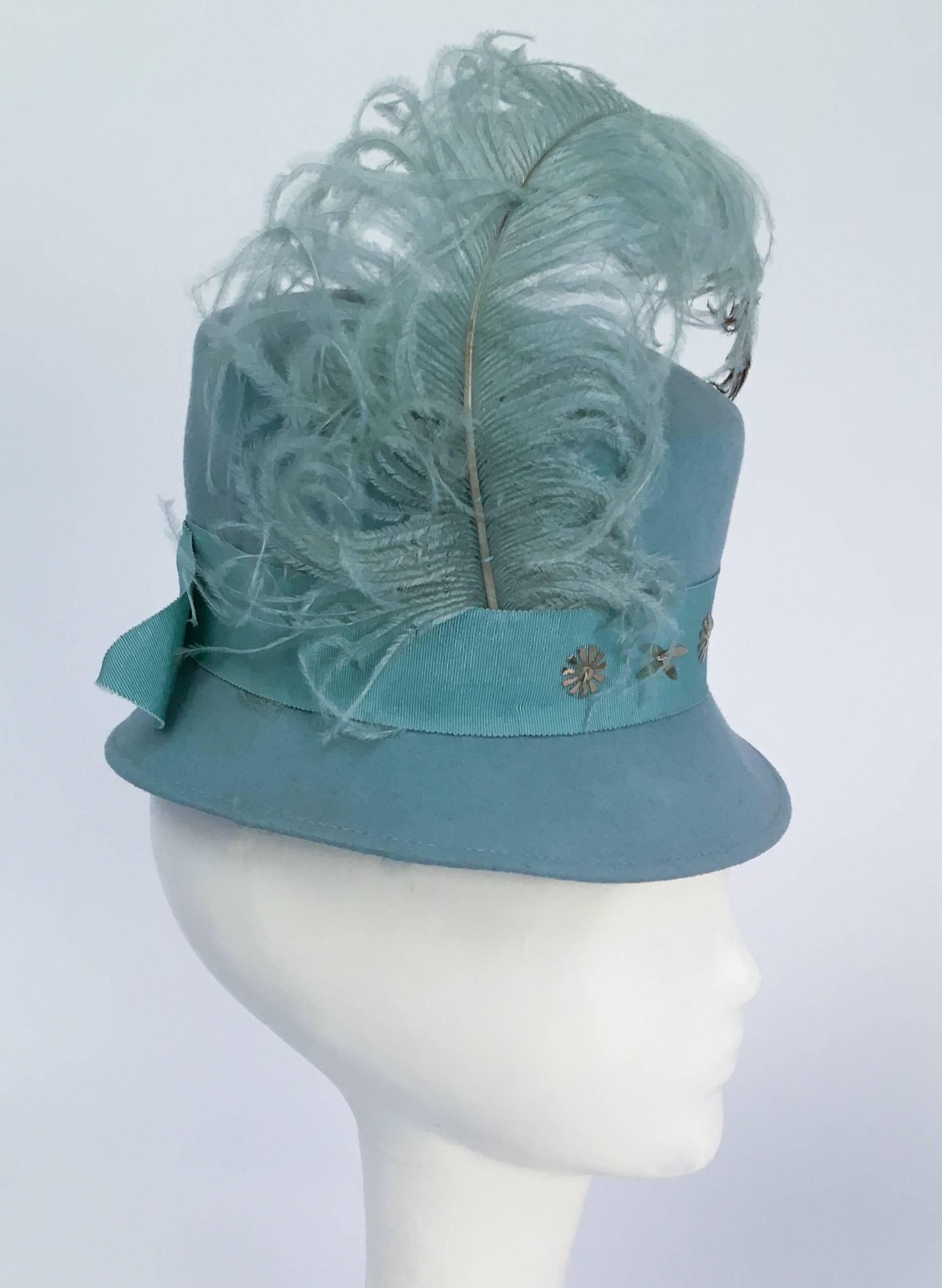 40s Robin Egg Blue Toy Hat w/ Feather In Excellent Condition In San Francisco, CA