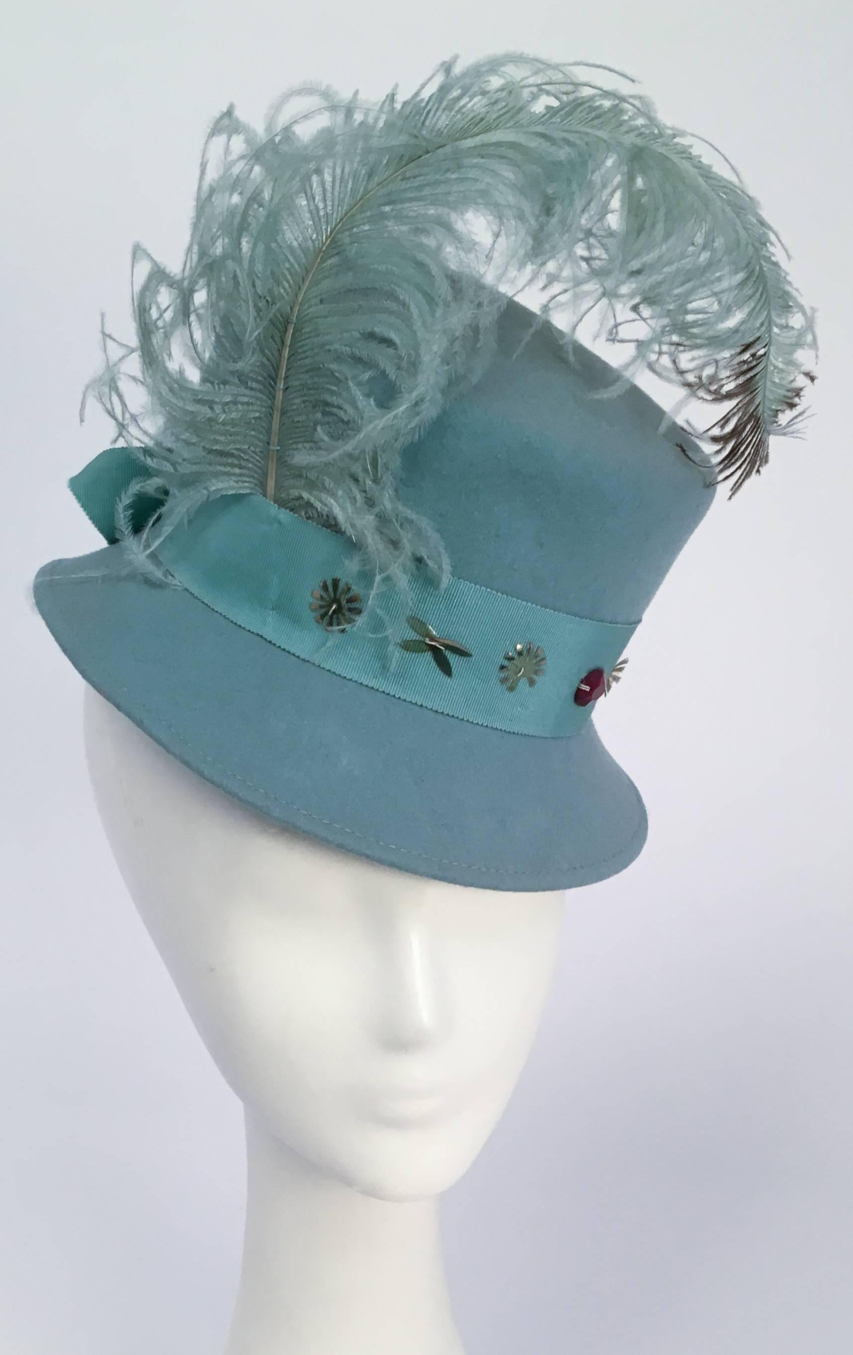 40s Robin Egg Blue Toy Hat w/ Feather. Sequin detail hat band. 