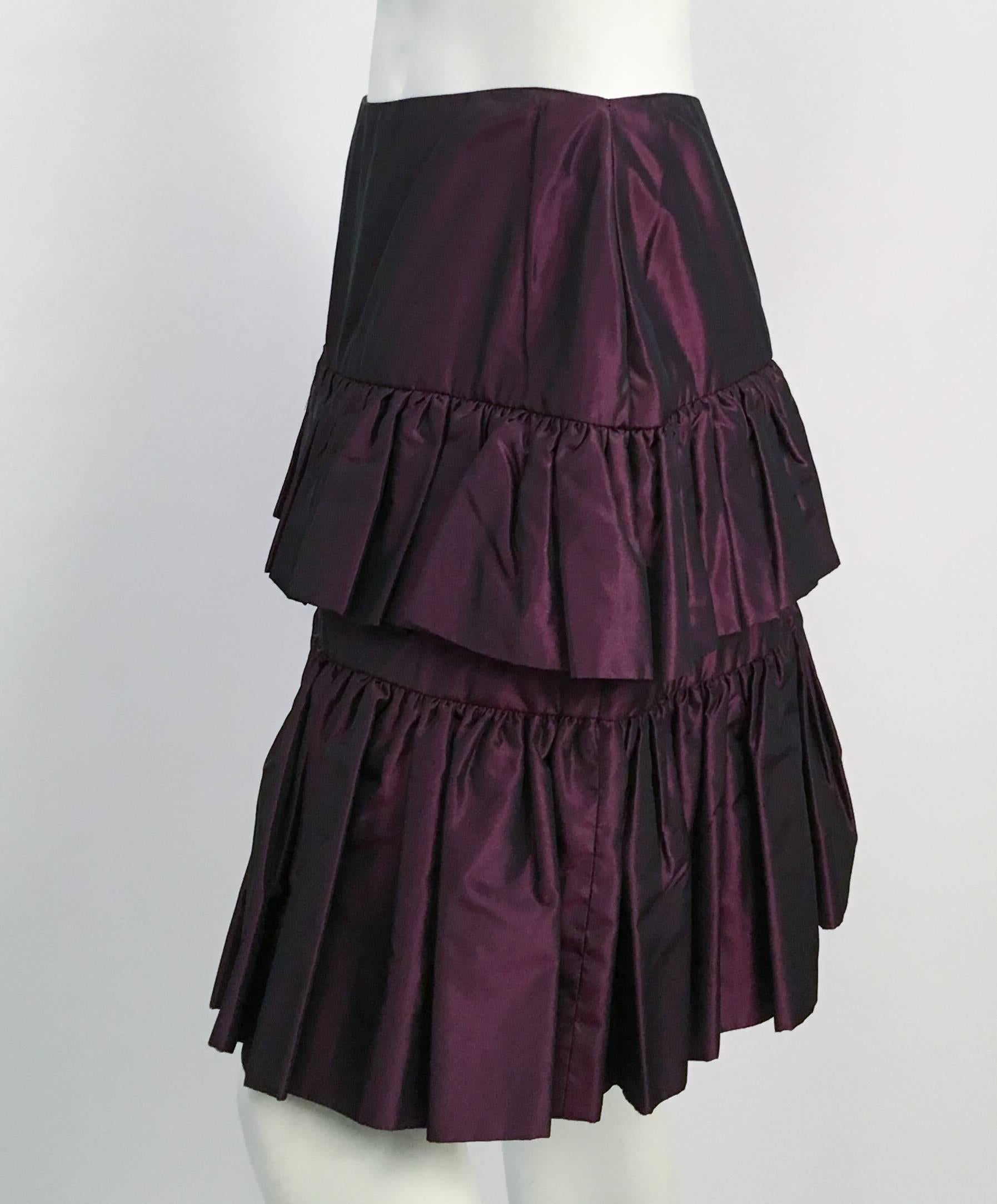 80s Galanos Couture Purple Taffeta Tiered Skirt. Iridescent silk purple taffeta. Unlined, hand finished. Bound seams, hand set zipper. Size 10. 