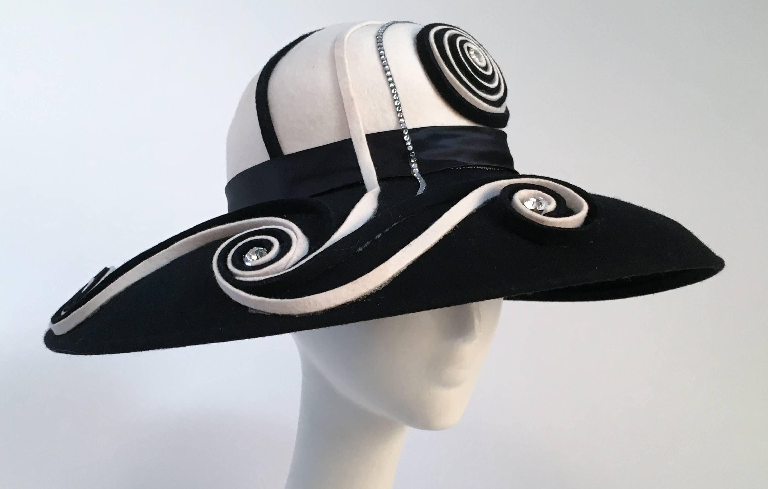 80s Black and White Wide Brim Hat w/ Spiral Detail. Rhinestones add eye-catching detail to already striking black and white spirals. 