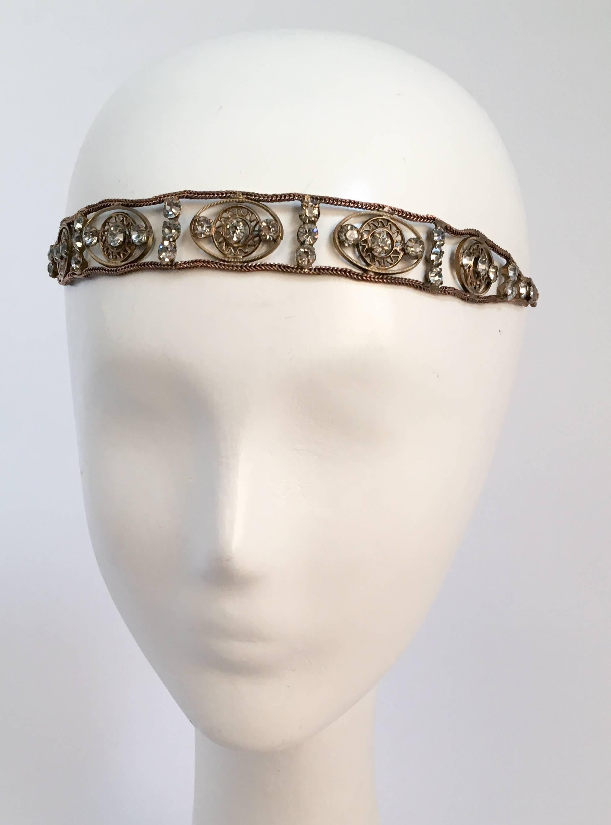 20s Suspended Rhinstone Brass & Crystal Headband. Ties in back for adjustable fit. 