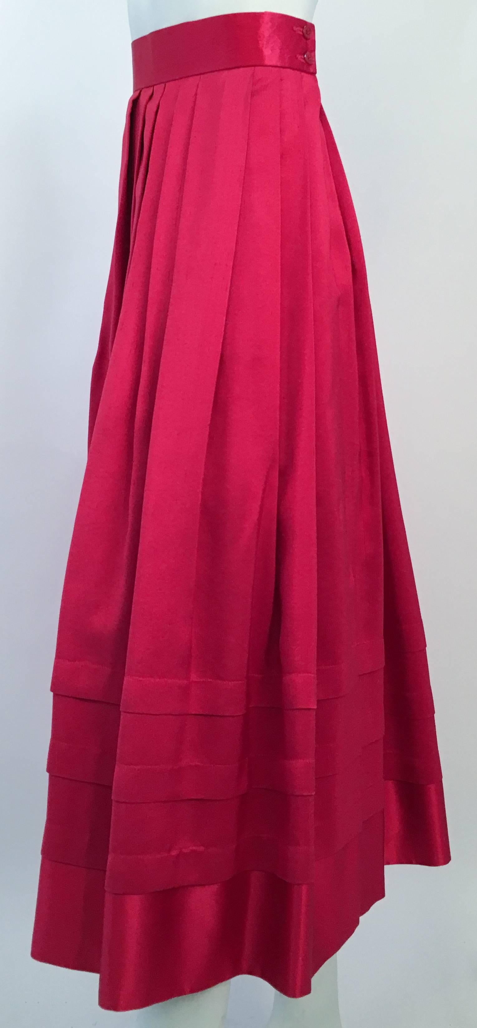 80s Red Silk Flared Dress. Pin tuck hem detail w/ contrast satin hem. Fully lined. 