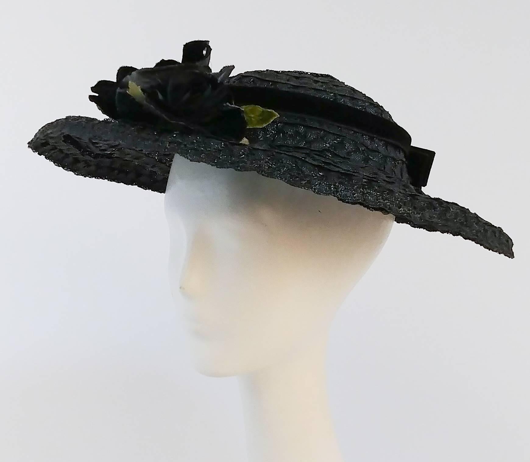 50s Black Hat w/ Rose. Rhinestone detail on roses and velvet hat band with bow. 