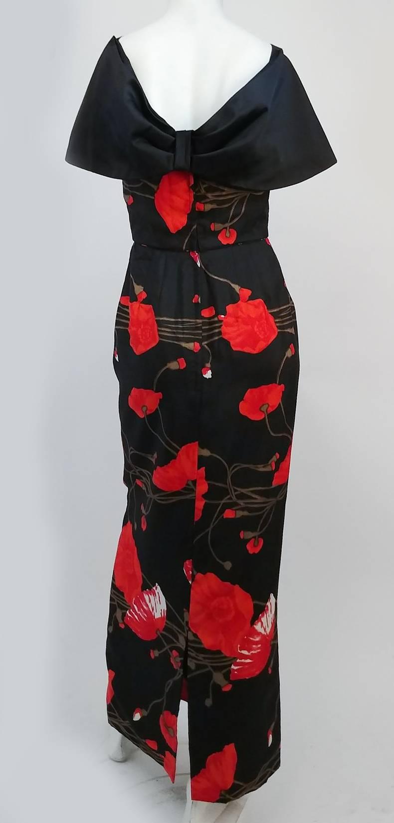 60s Poppy Printed Silk Column Dress w/ Satin Back Bow. Large satin bow hooks on back straps of dress. Fully lined. Zips up back. 