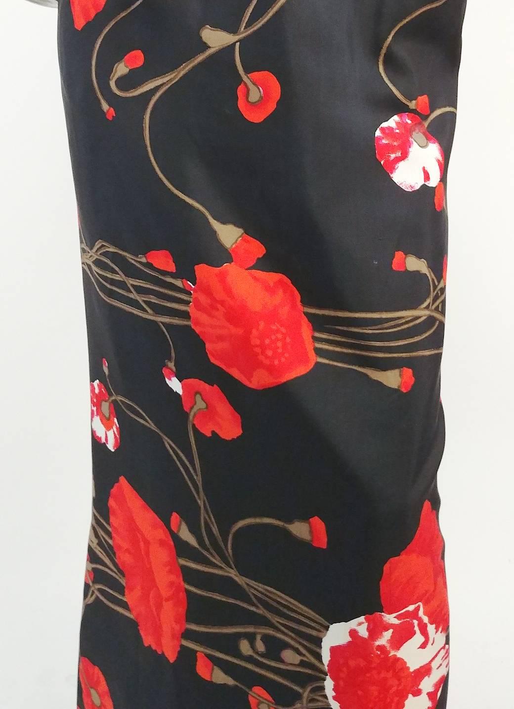 Black 60s Poppy Printed Silk Column Dress w/ Satin Back Bow For Sale