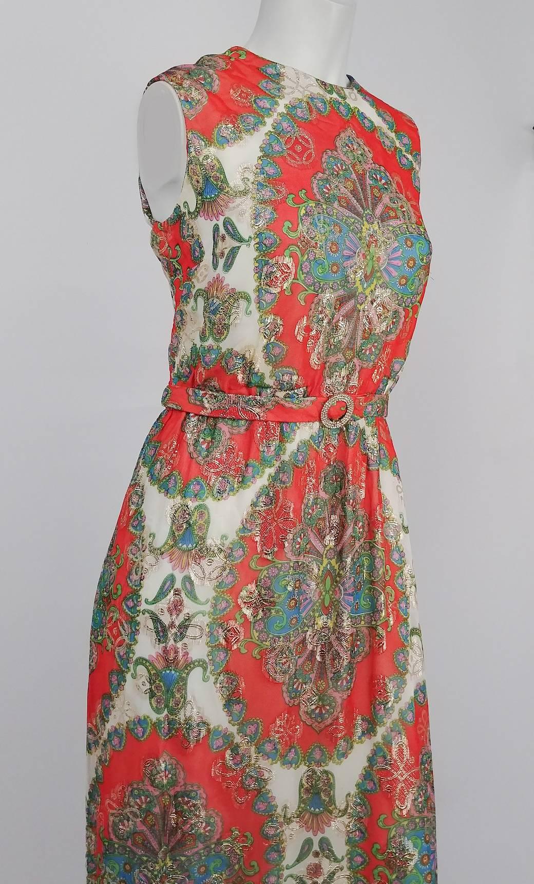 60s Printed Chiffon Dress w/ Metallic Threads & Matching Scarf. Chiffon column dress. Faux belt w/ rhinestone buckle. Matching scarf included. Zips up back. 
