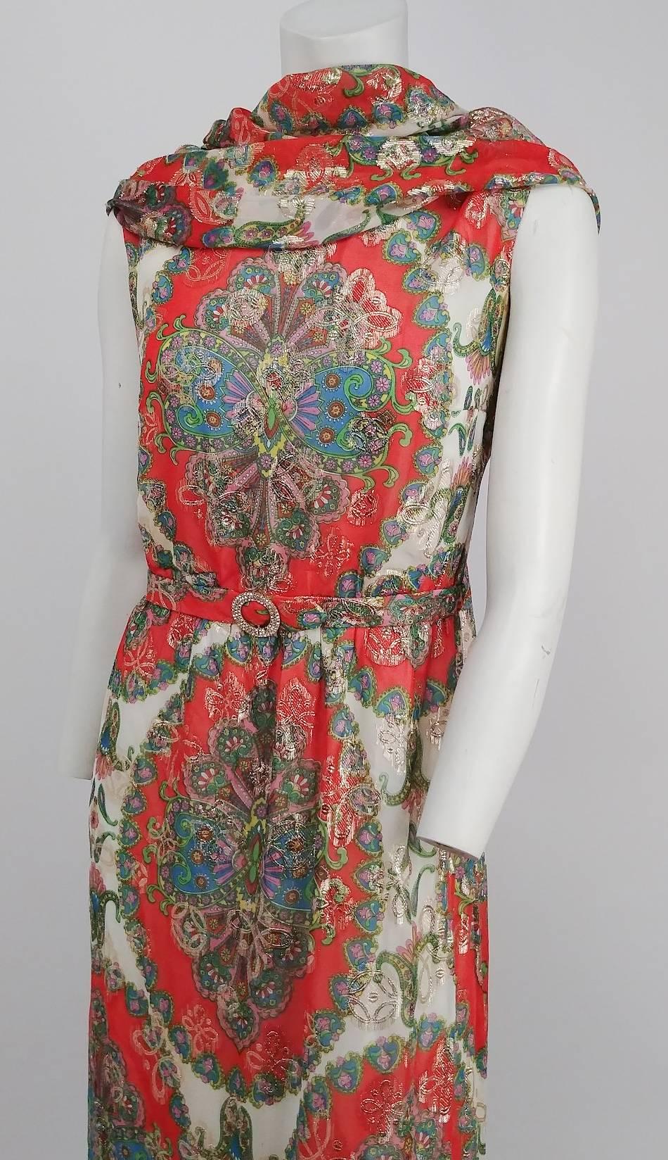 60s Printed Chiffon Maxi Dress w/ Metallic Threads & Matching Scarf In Good Condition In San Francisco, CA