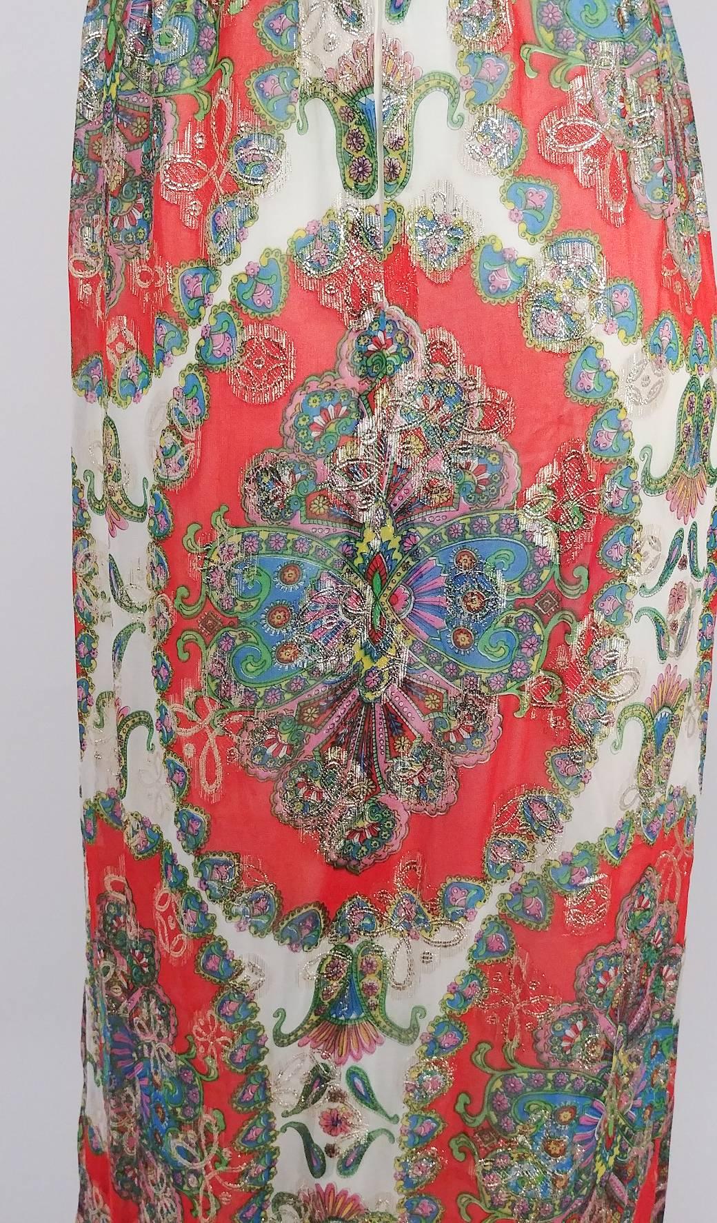 Women's 60s Printed Chiffon Maxi Dress w/ Metallic Threads & Matching Scarf