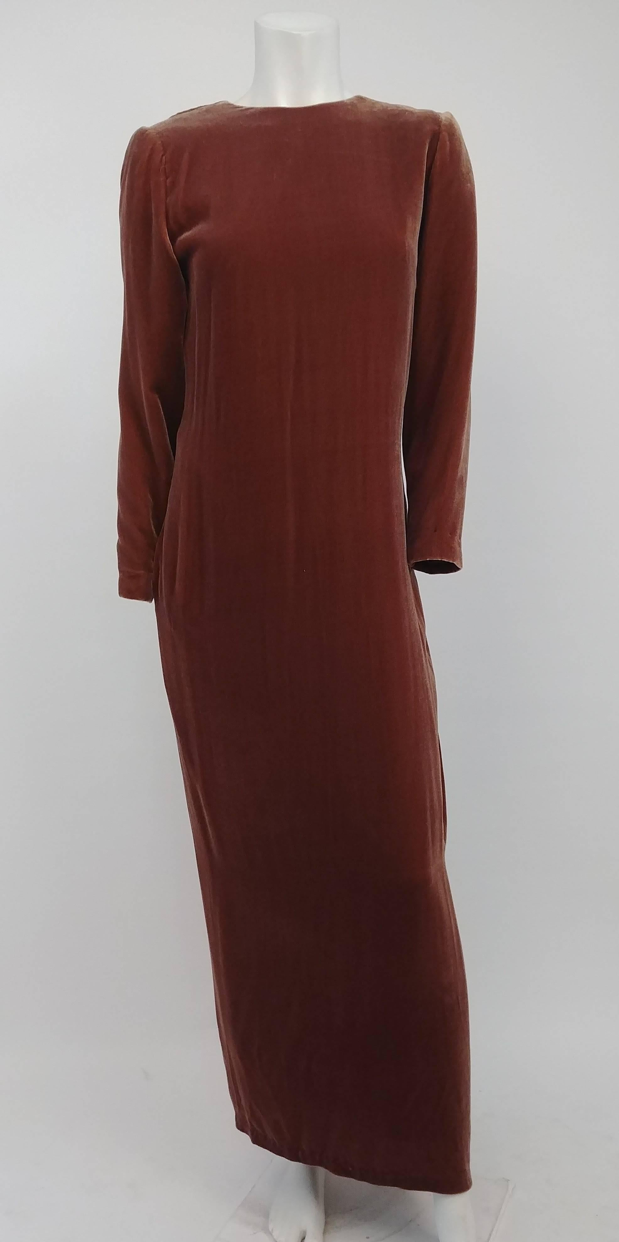 80s Cognac Velvet Draped Evening Dress. Simple velvet ankle-length dress with beautiful draped back detail. 