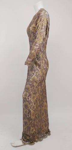 70s Metallic Gold and Purple Lace Evening Dress