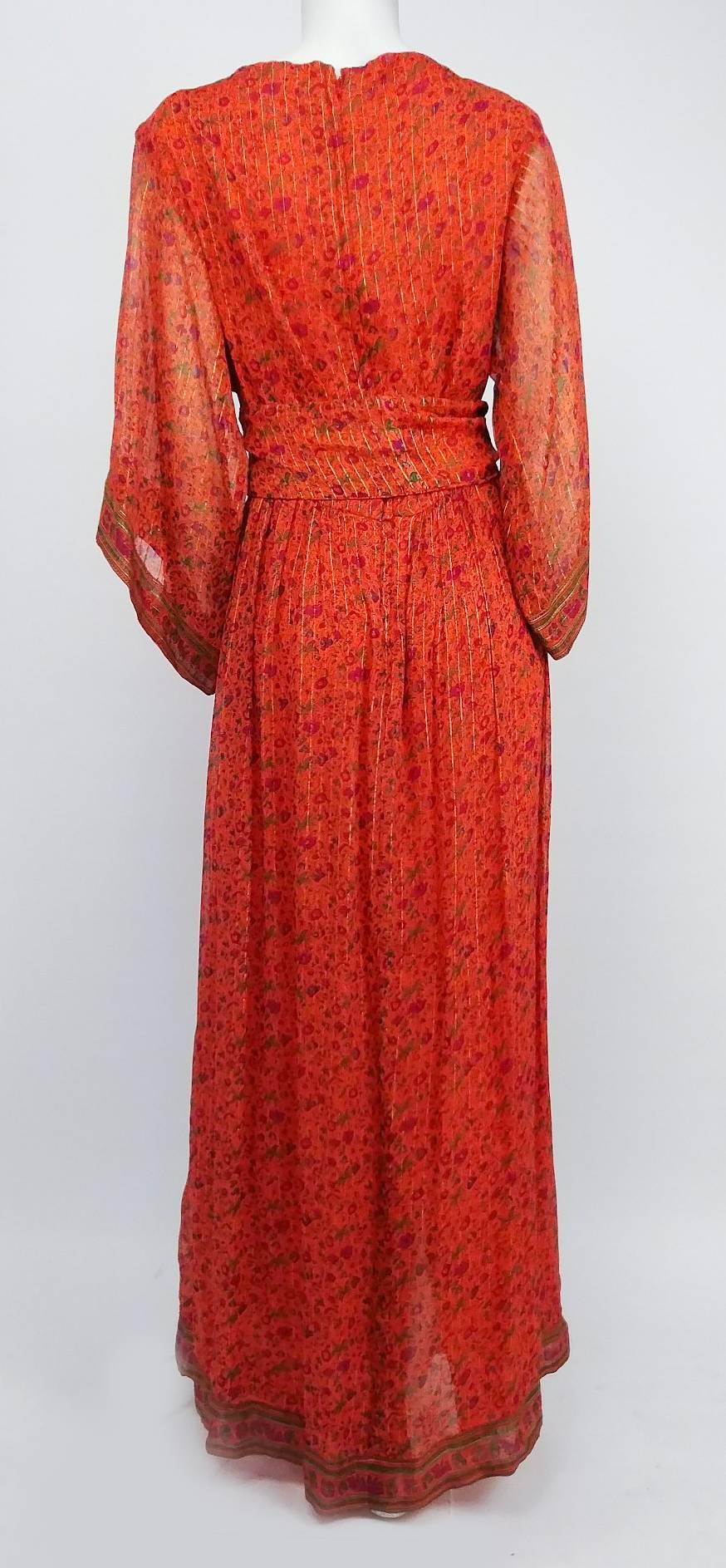 Red 70s Printed Silk Chiffon Orange Maxi Dress