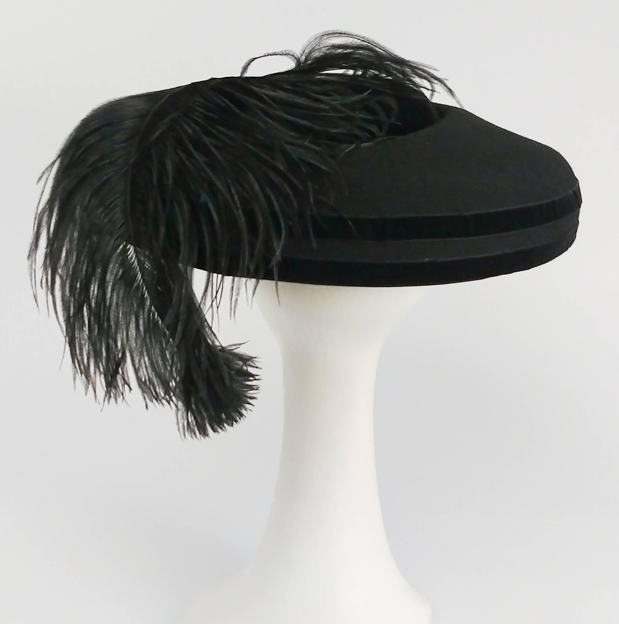 1980s Black Wool Wide Brimmed Hat w/ Feather In Excellent Condition In San Francisco, CA