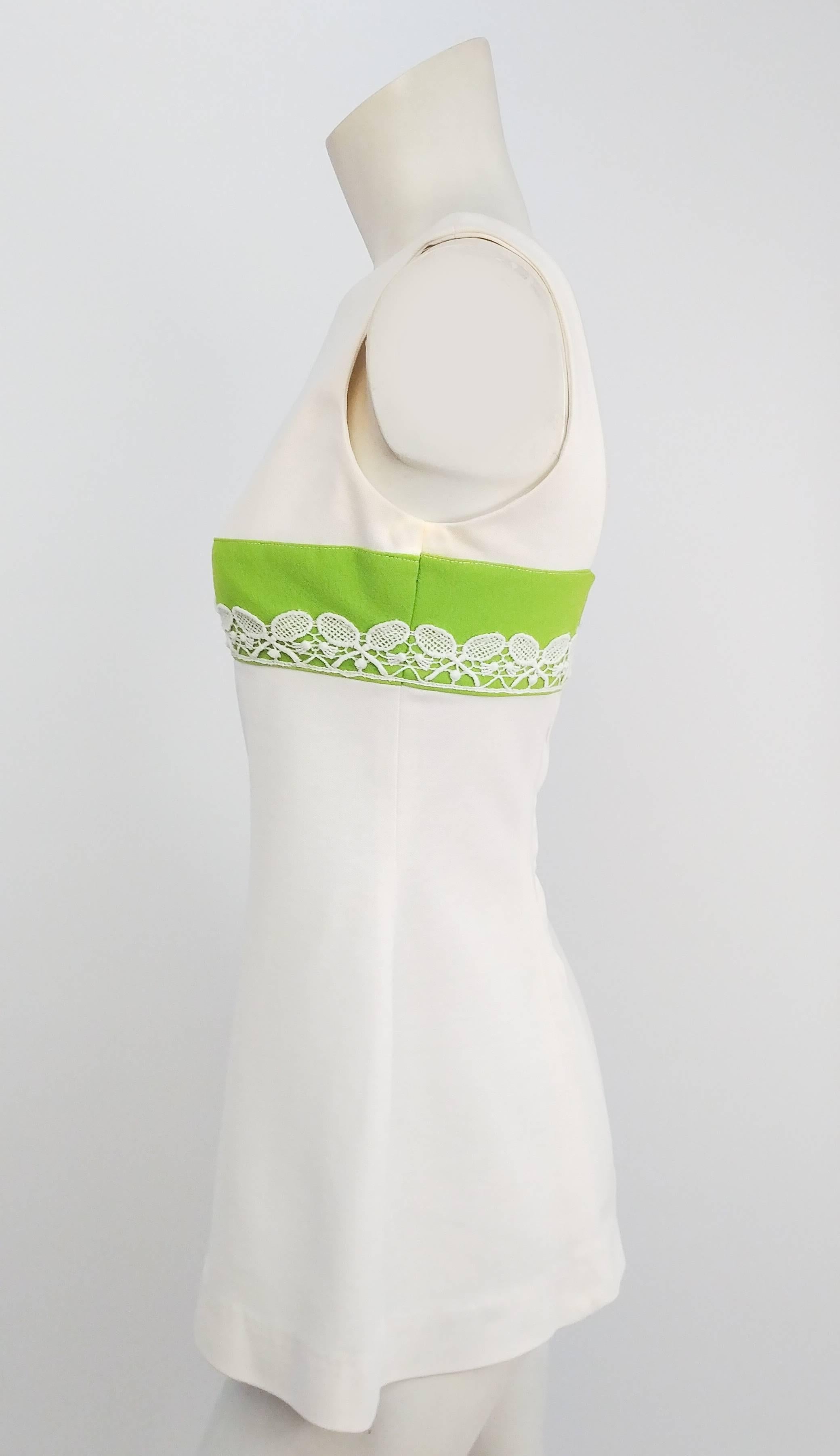 1960s Tennis Mini Dress w/ Racket Lace. Lime contrast band creates empire waistline. Unlined. Zips up back.