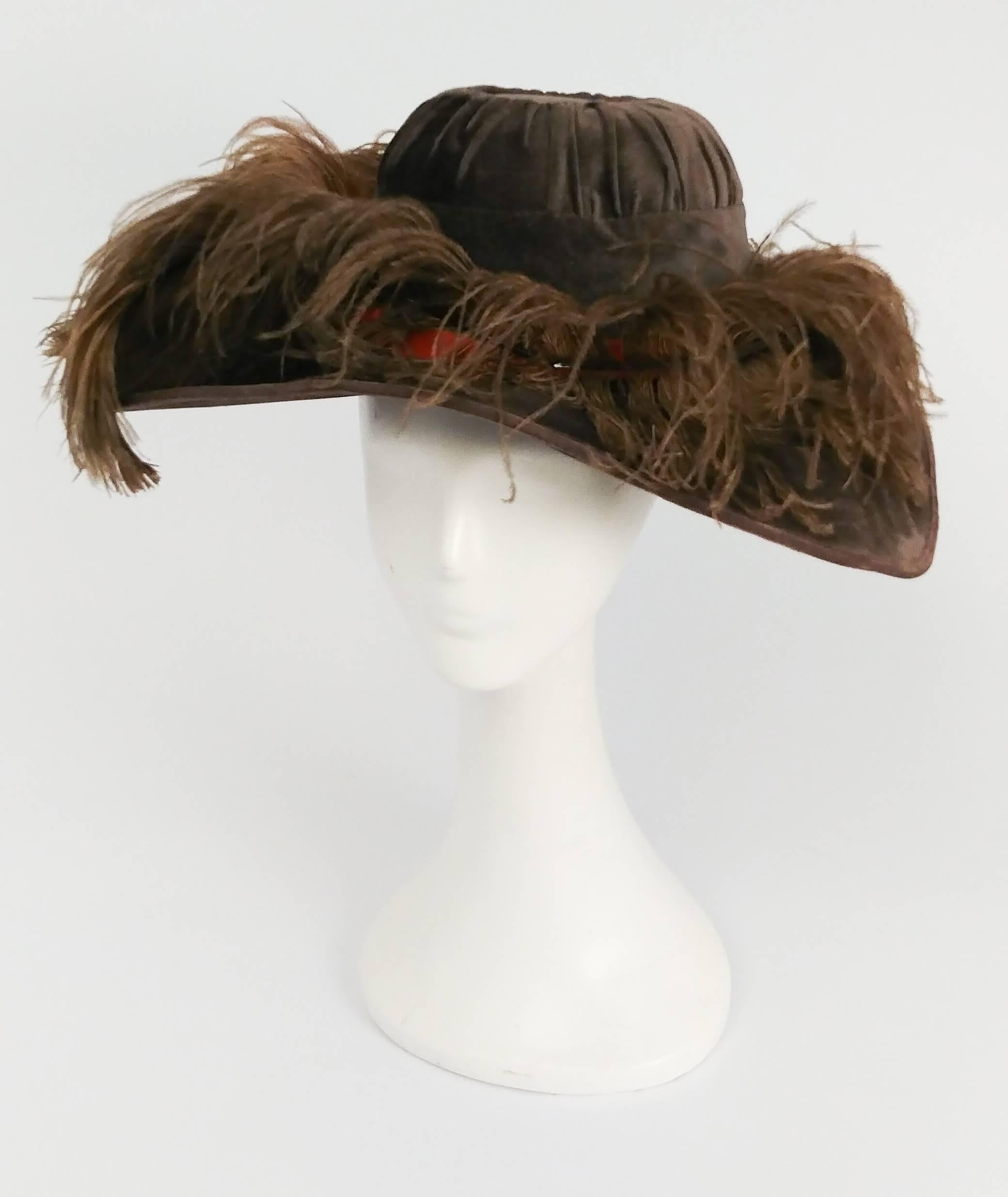 Black Edwardian Taupe Picture Hat w/ Feather Trim