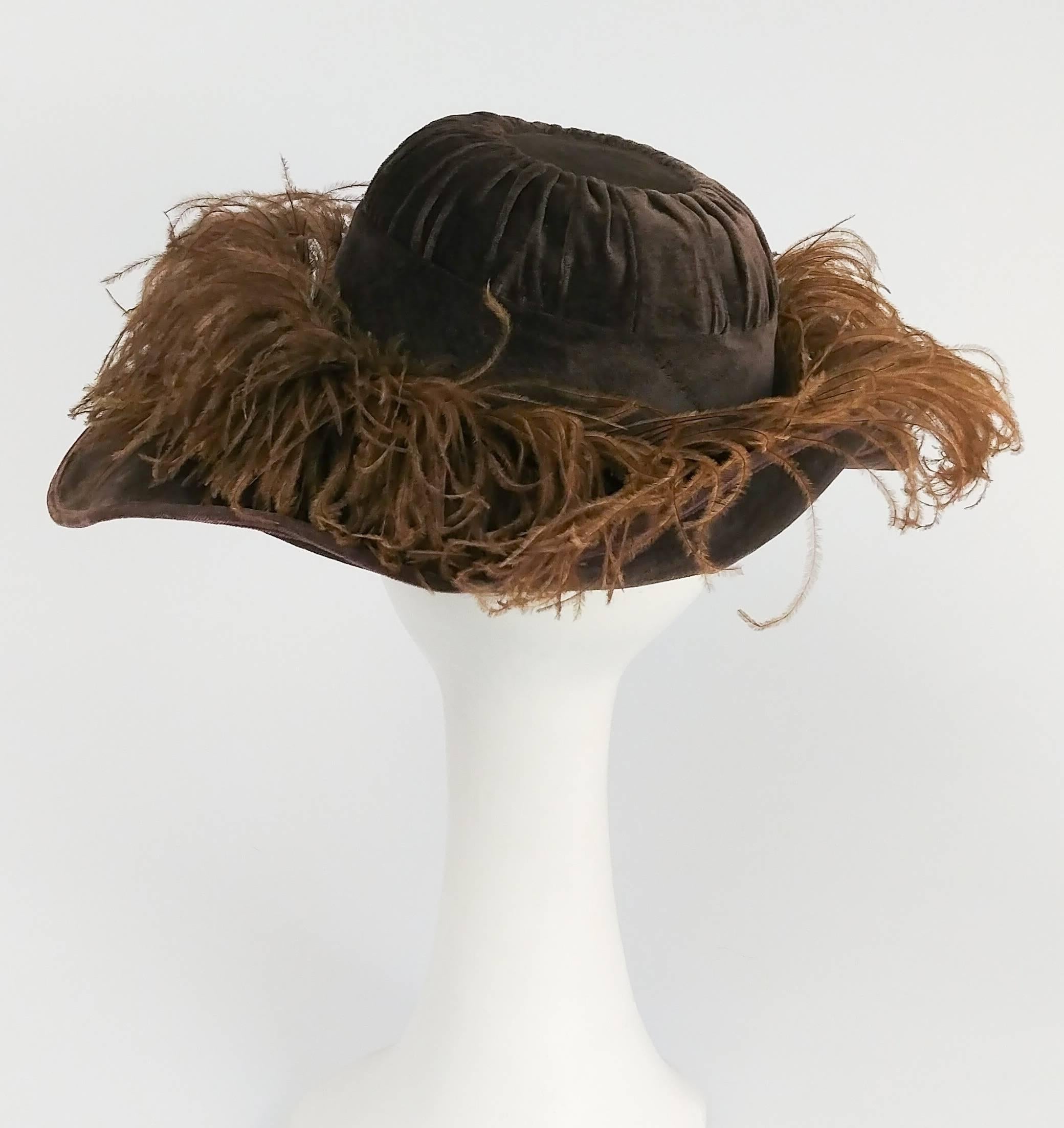 Women's Edwardian Taupe Picture Hat w/ Feather Trim