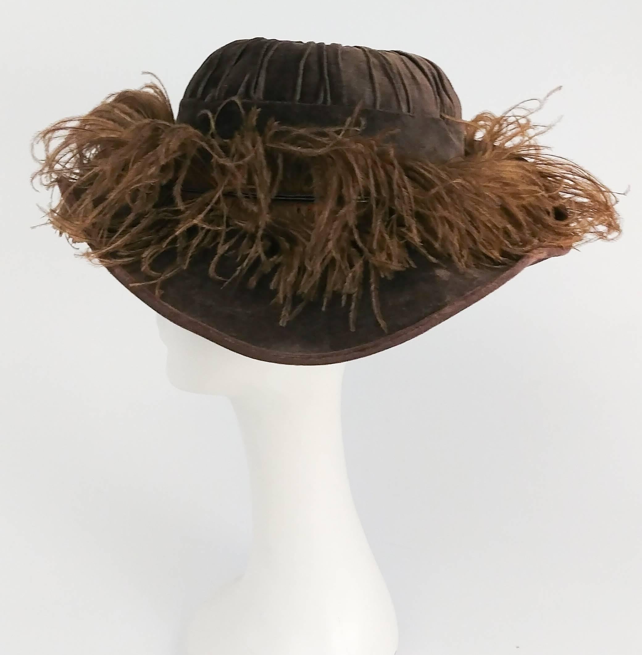 Edwardian Taupe Picture Hat w/ Feather Trim 1