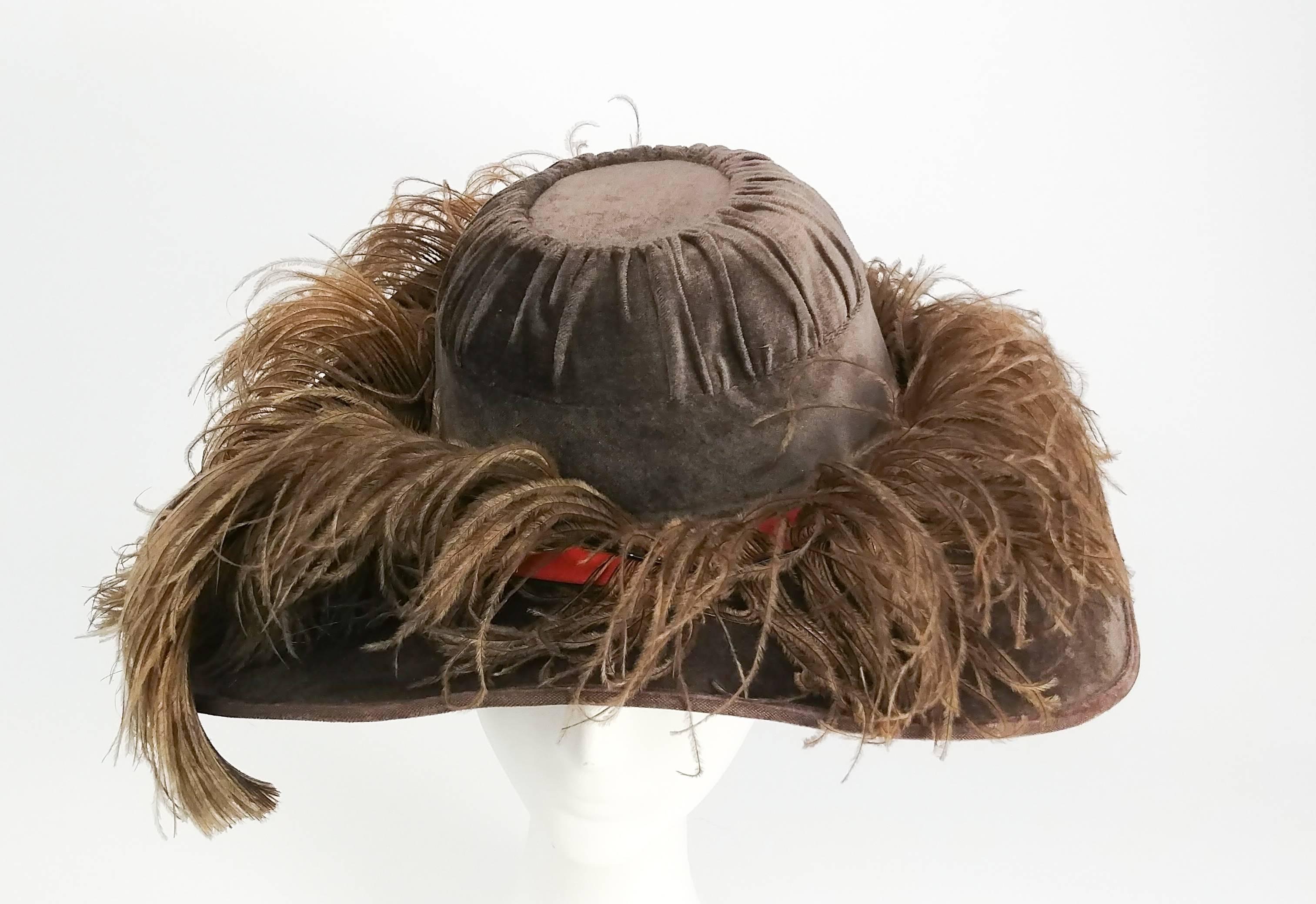Edwardian Taupe Picture Hat w/ Feather Trim 2