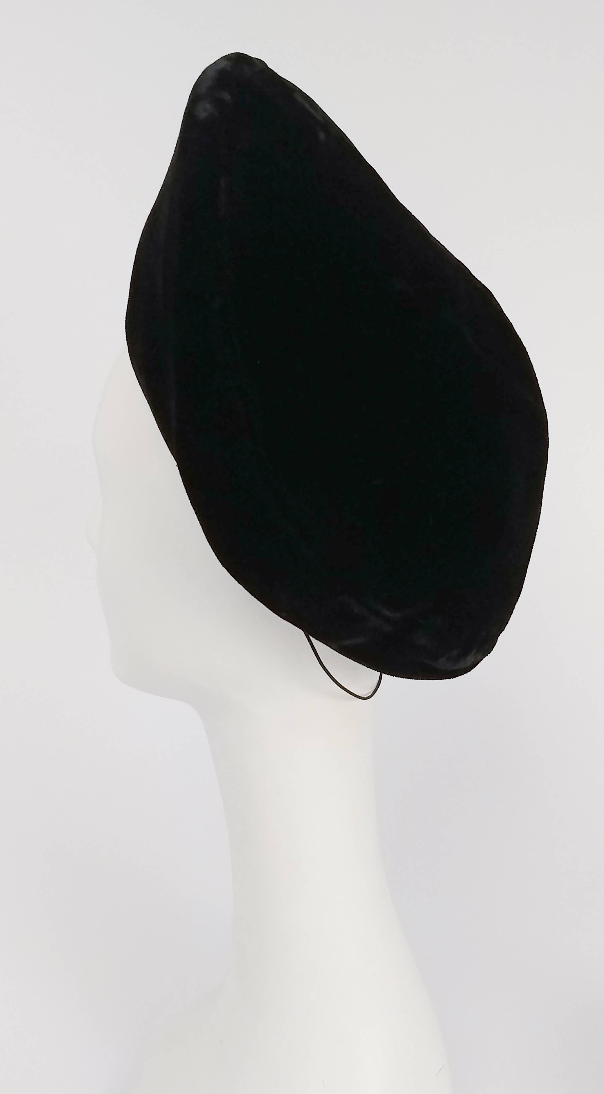 1940s Velvet Beret w/ Rhinestone Arrows. Large beret worn on back of head, elastic band holds hat to head. Slight pressing on velvet only visible in certain light, as shown in photo.