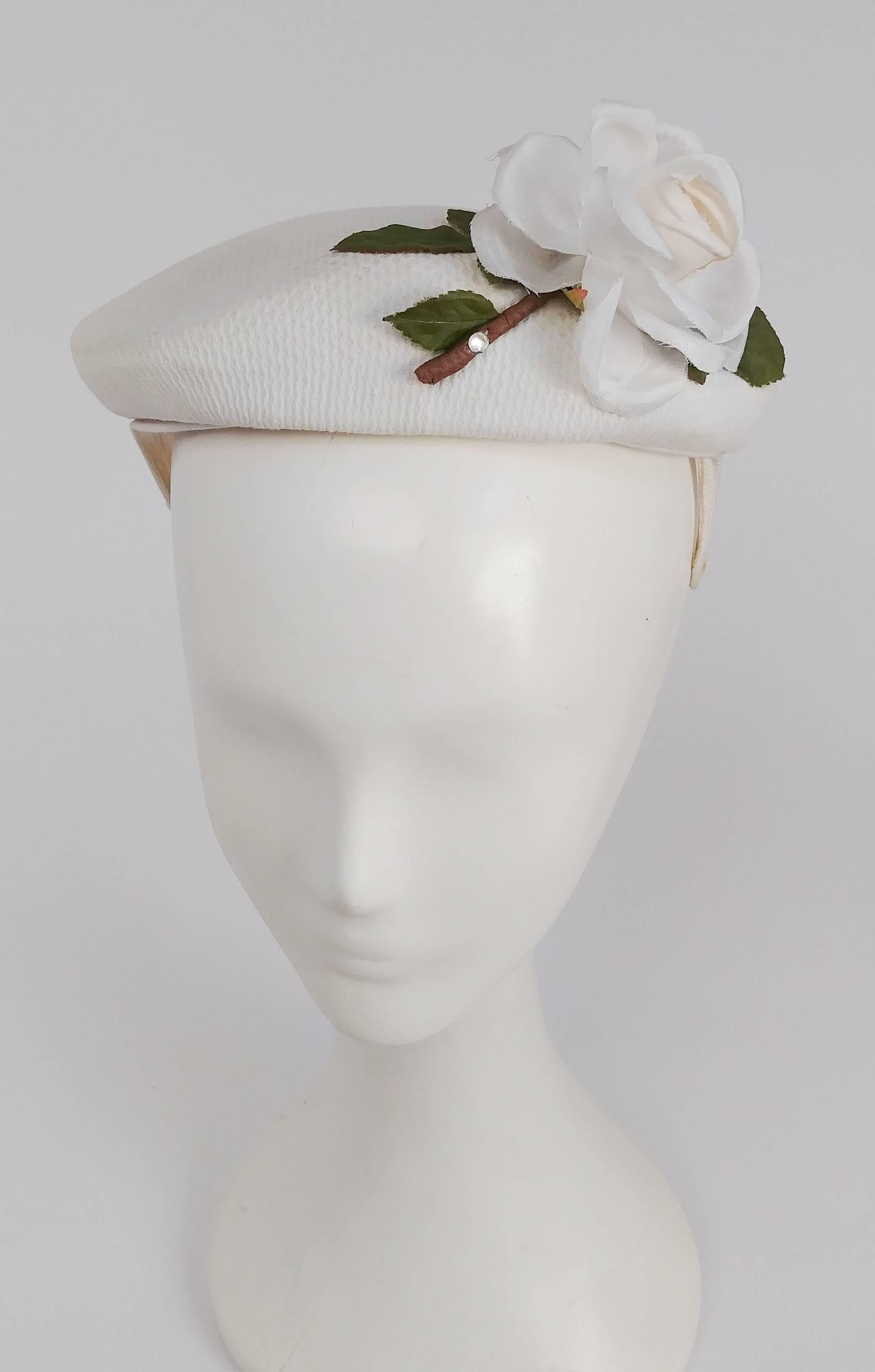1950s White Hat w/ Rose. Rhinestone embellishments. 