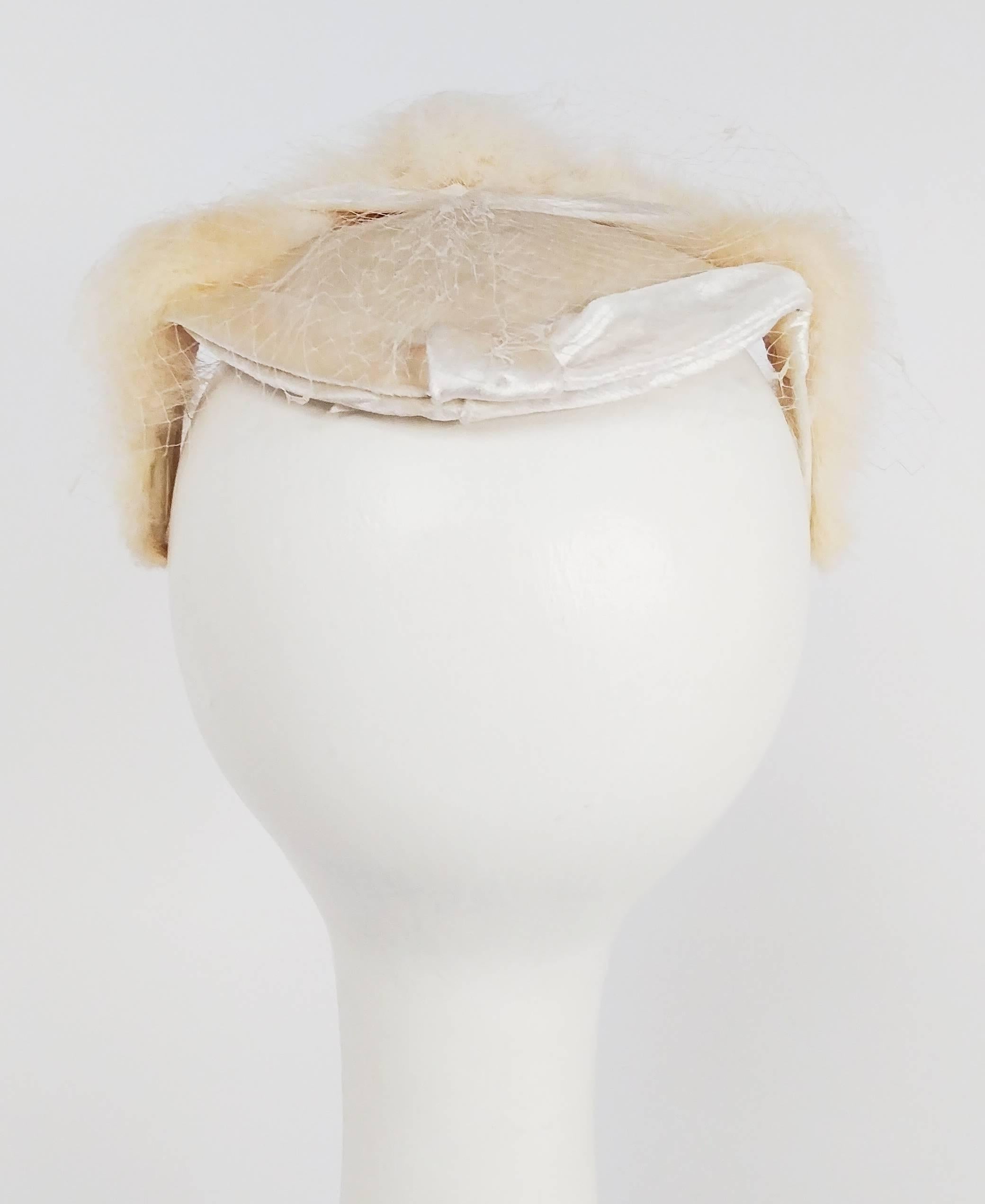 1950s White Mink Trimmed Hat w/ Veil.