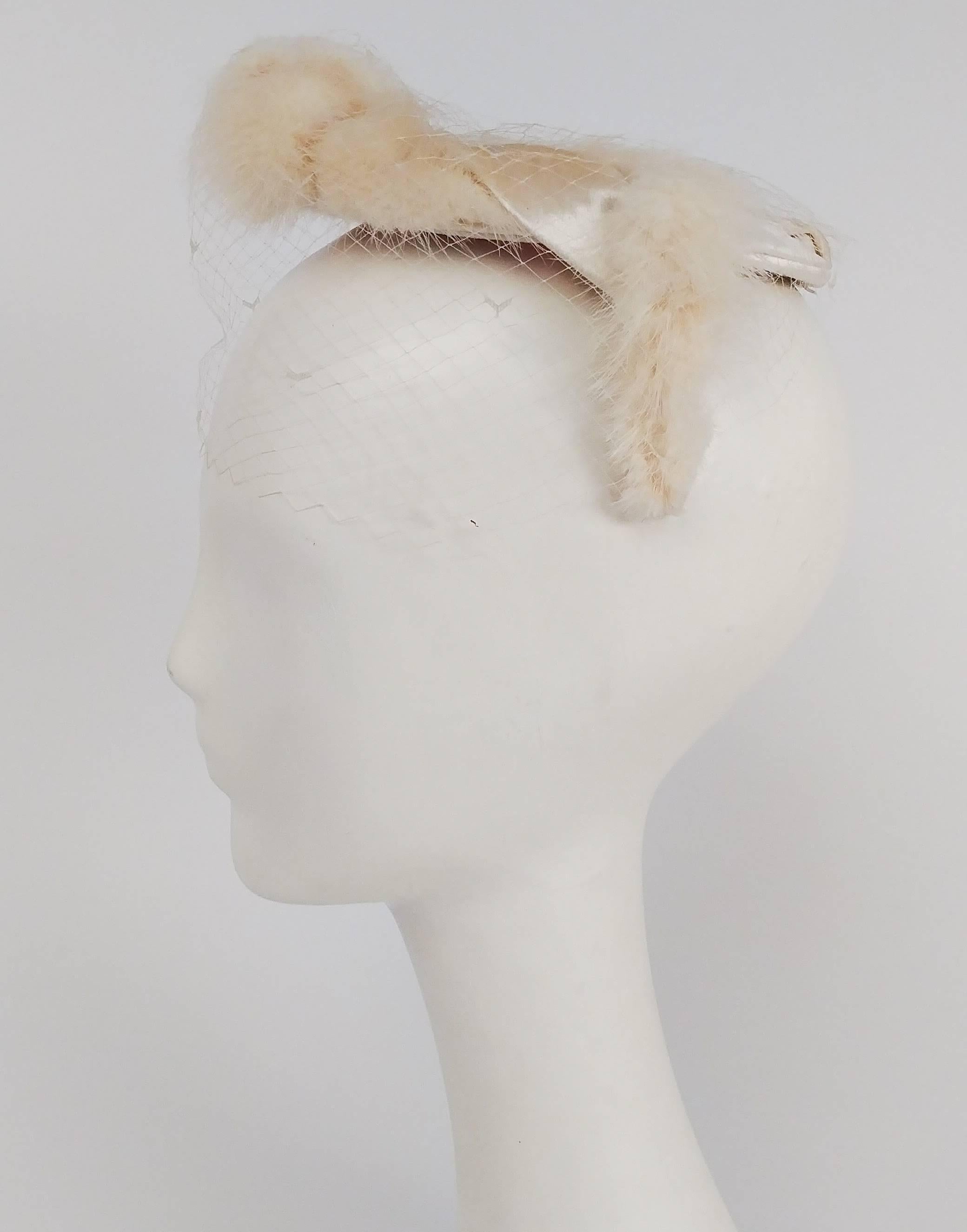 Gray 1950s White Mink Trimmed Hat w/ Veil