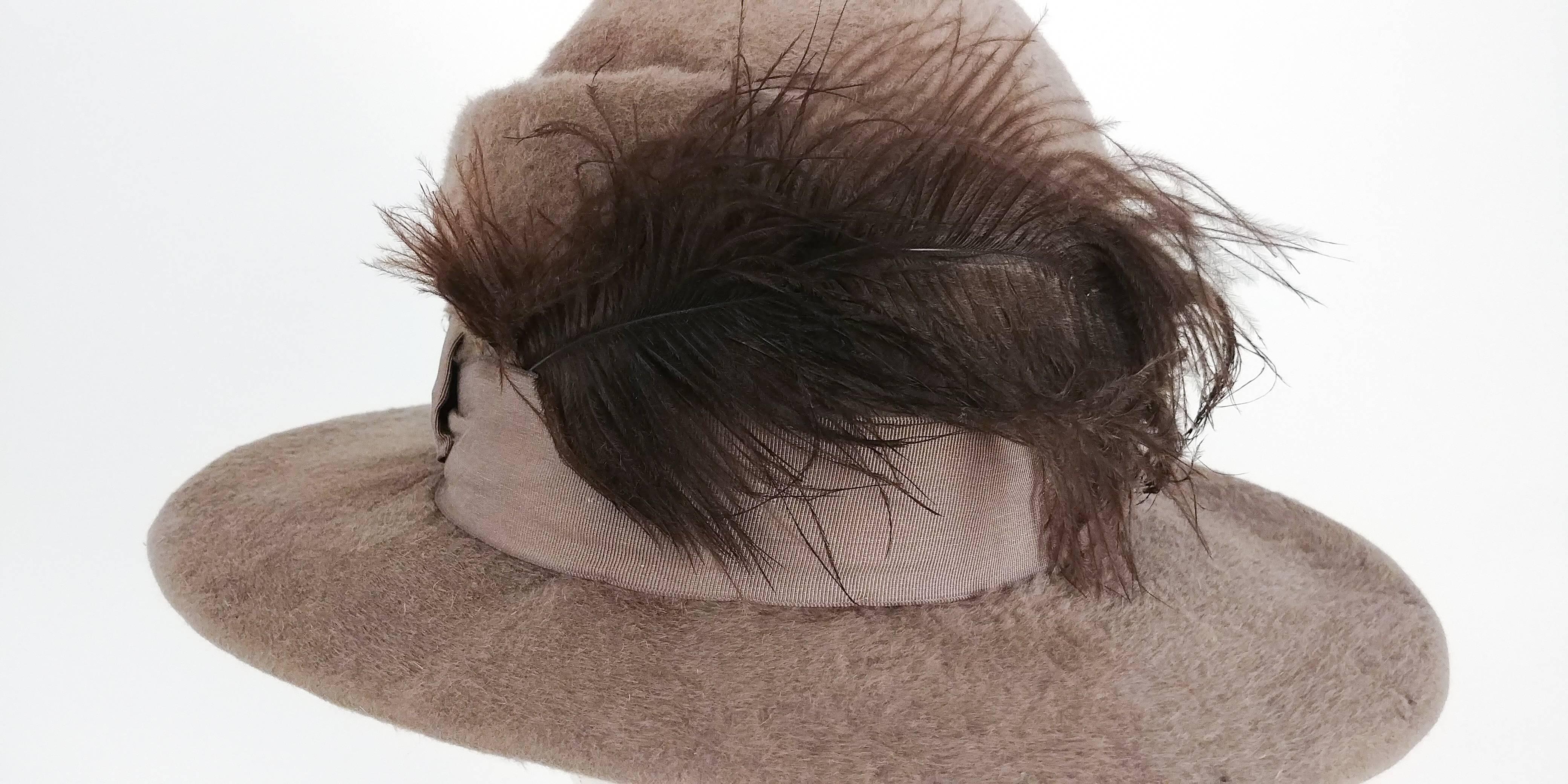 Edwardian Round Fur Felt Hat w/ Feather For Sale 1