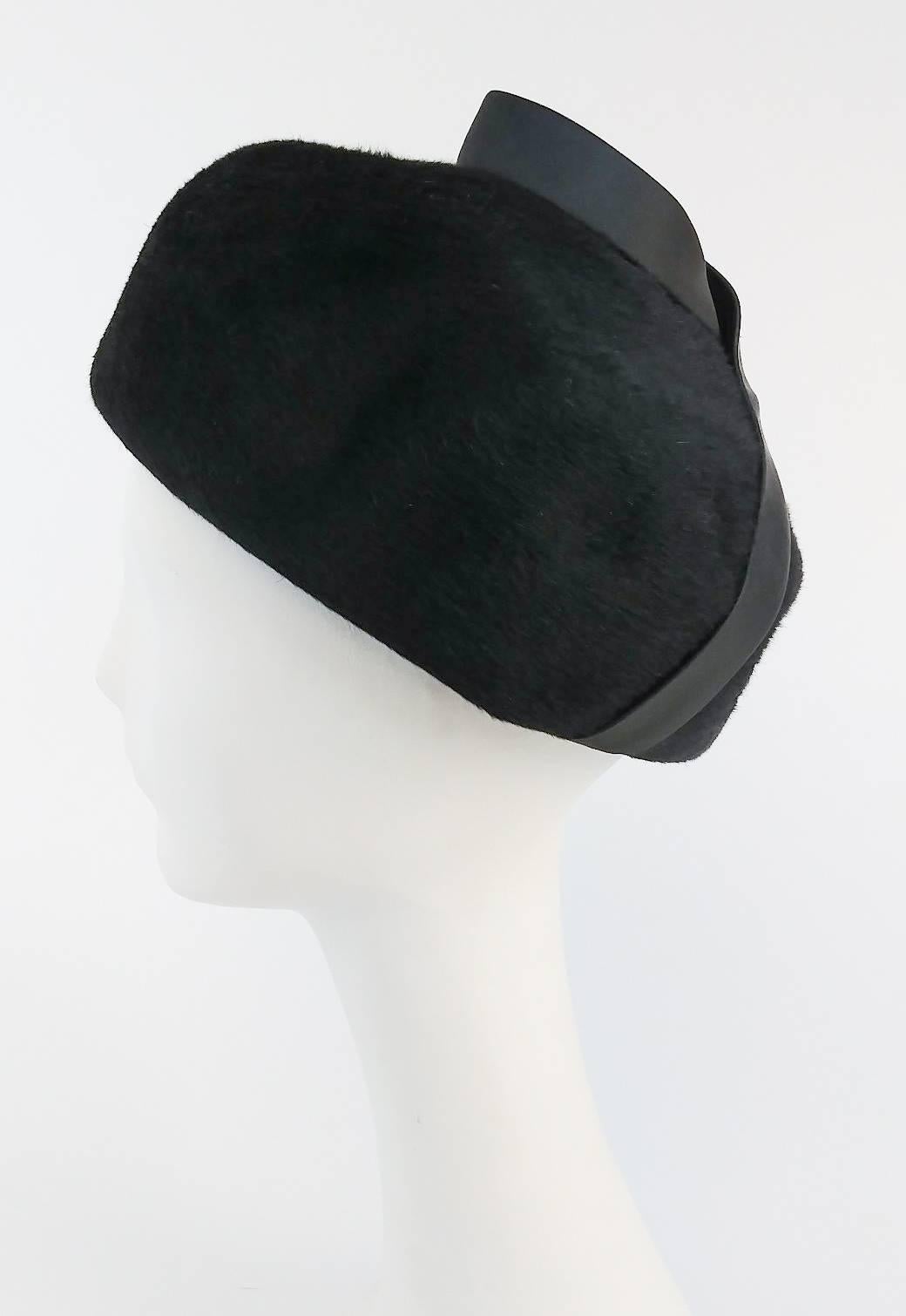 1960s Black Hat w/ Satin Ribbon. Fur felt.