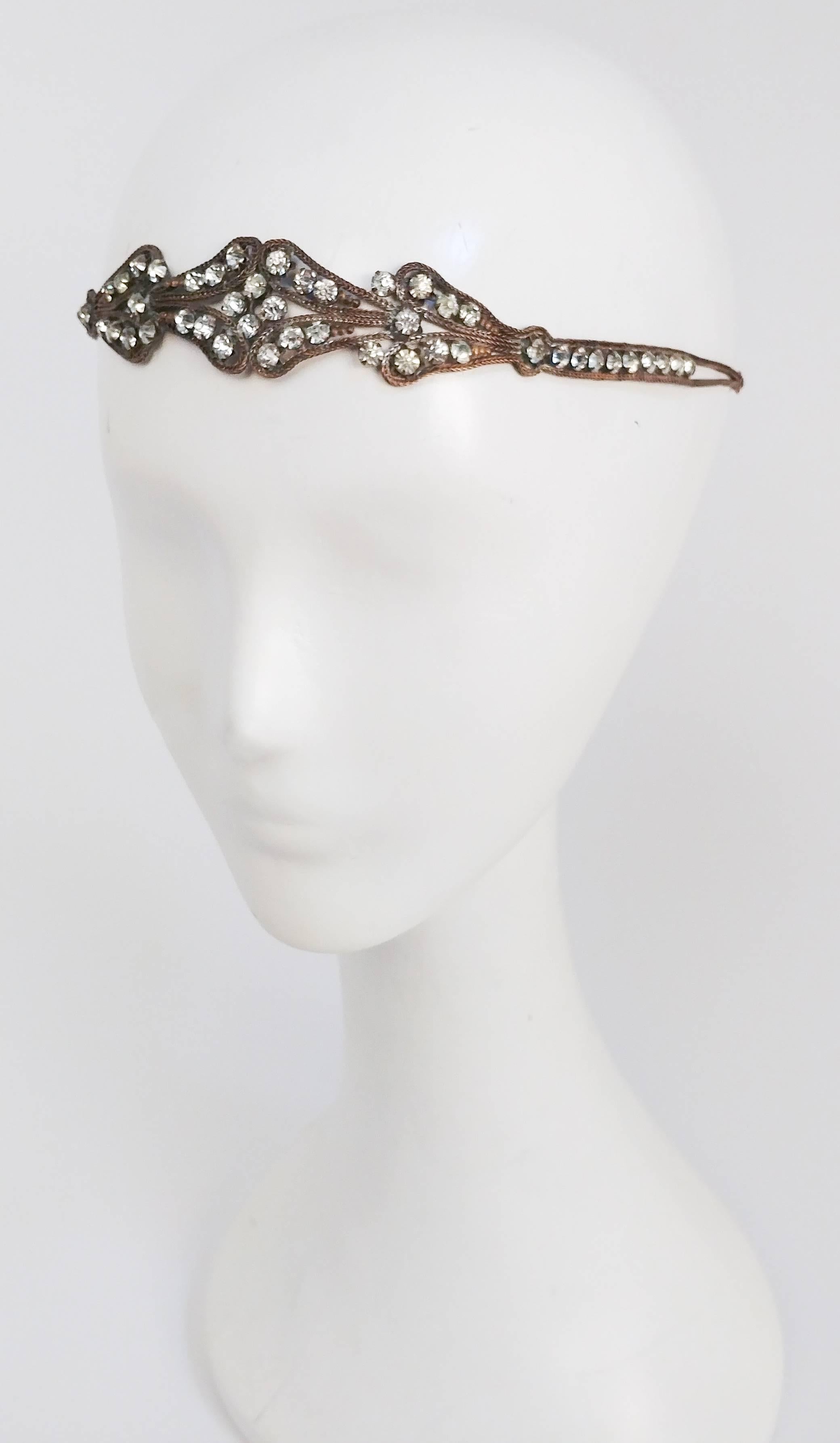 1920s Crystal and Brass Headband. Adjustable back ties.
