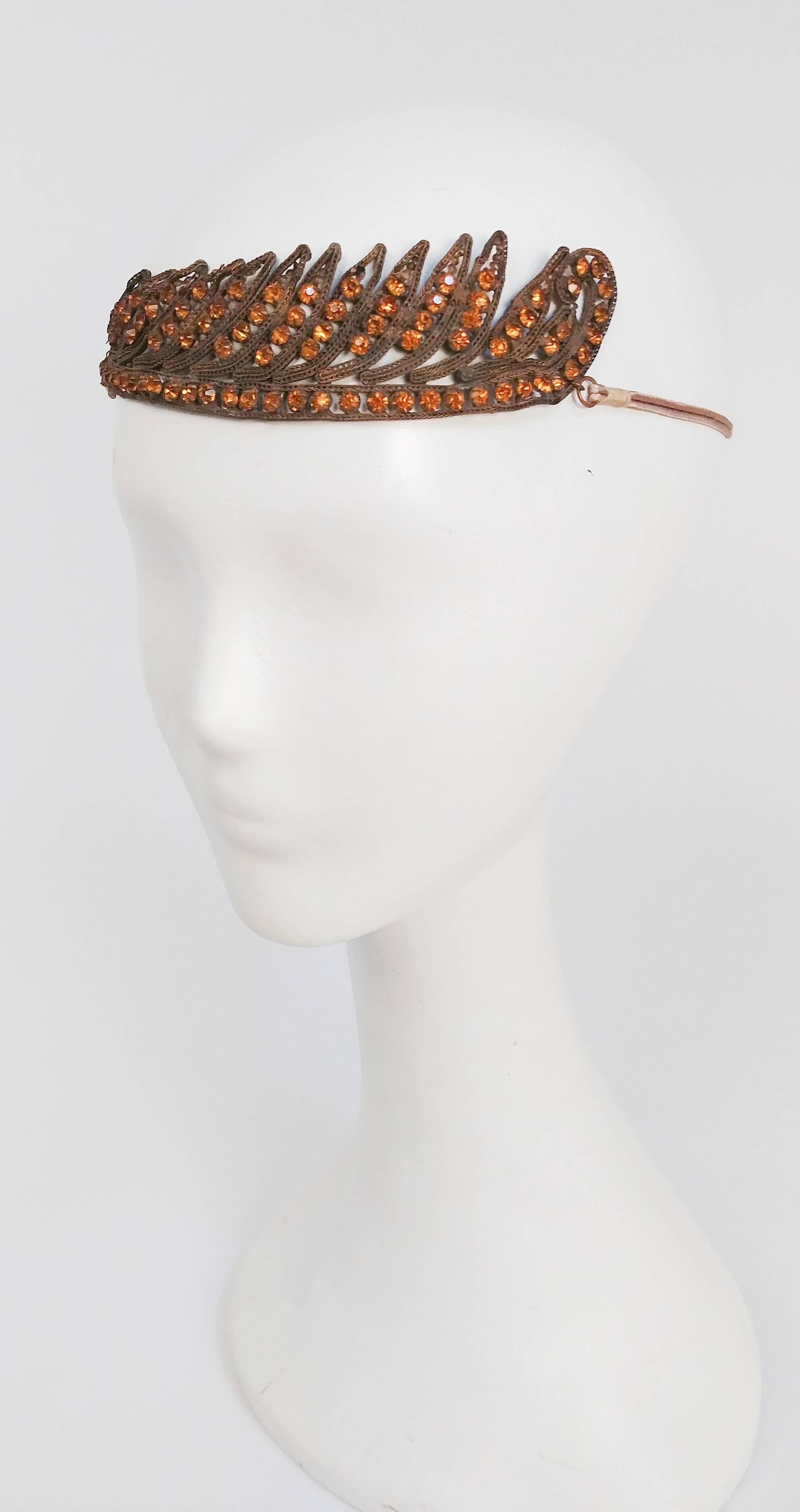 1920s Feather Motif Crystal Headband. Adjustable back ties.