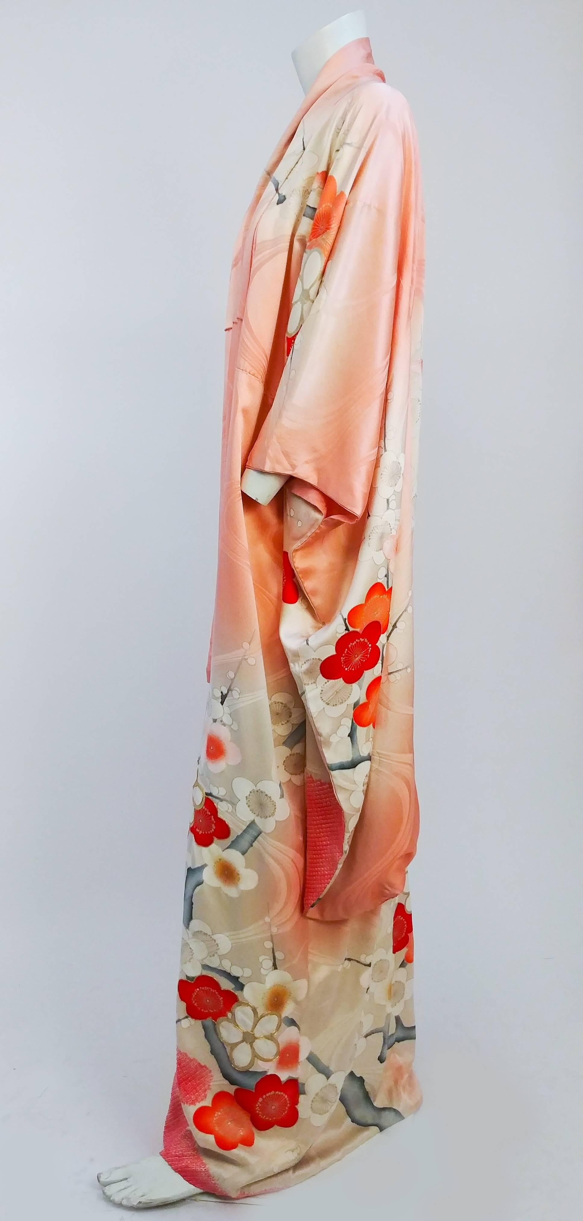 Coral Floral Motif Printed Silk Kimono. Sold originally at Gump's. Flowers are outlined in metallic silver painted on a silk jacquard with a wave motif. 