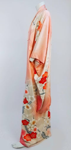 Coral Floral Motif Printed Silk Kimono