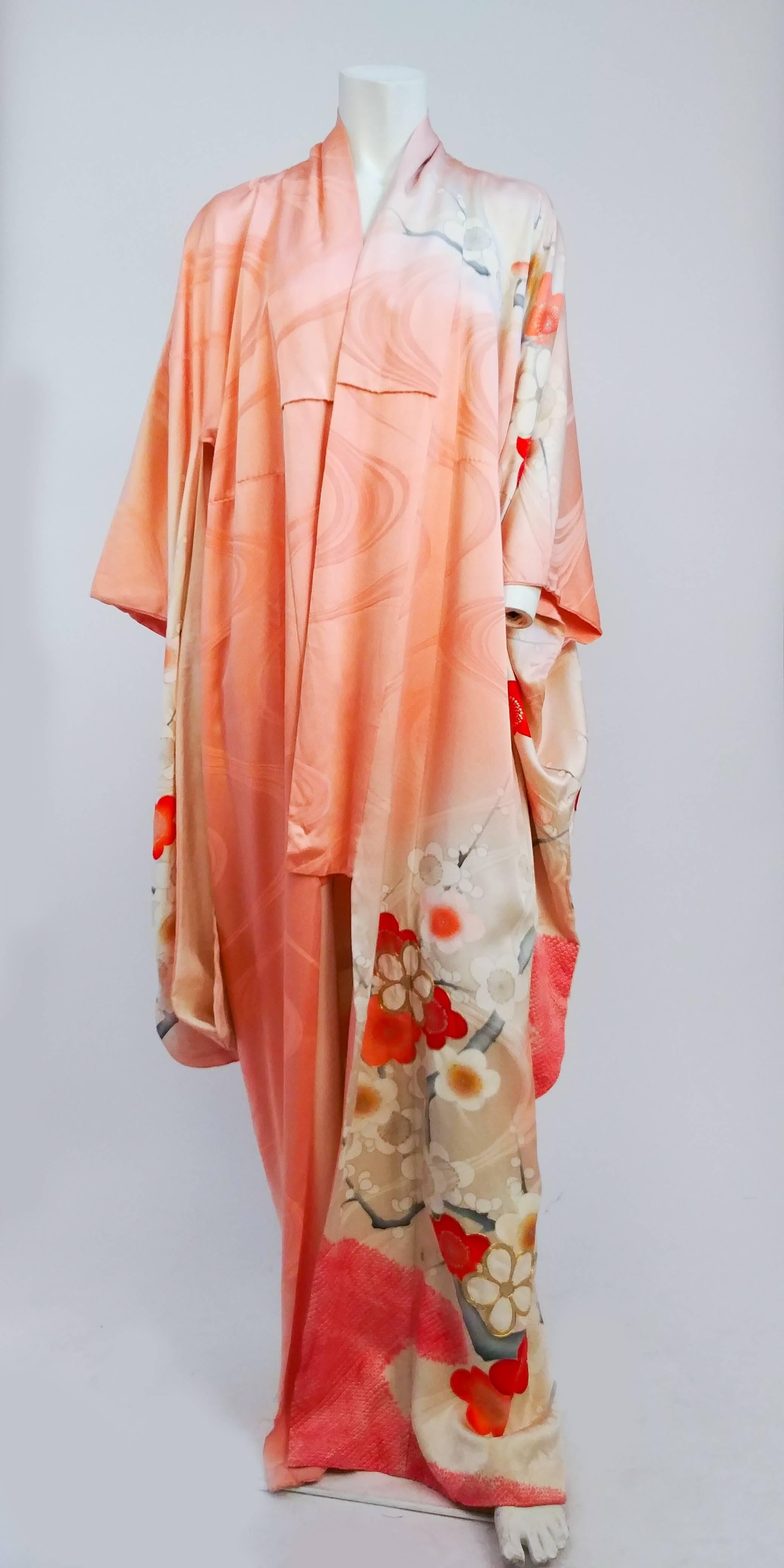 Beige Coral Floral Motif Printed Silk Kimono
