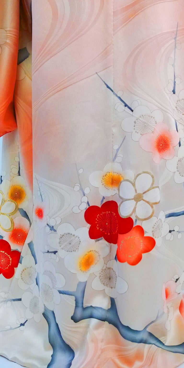 Coral Floral Motif Printed Silk Kimono at 1stDibs
