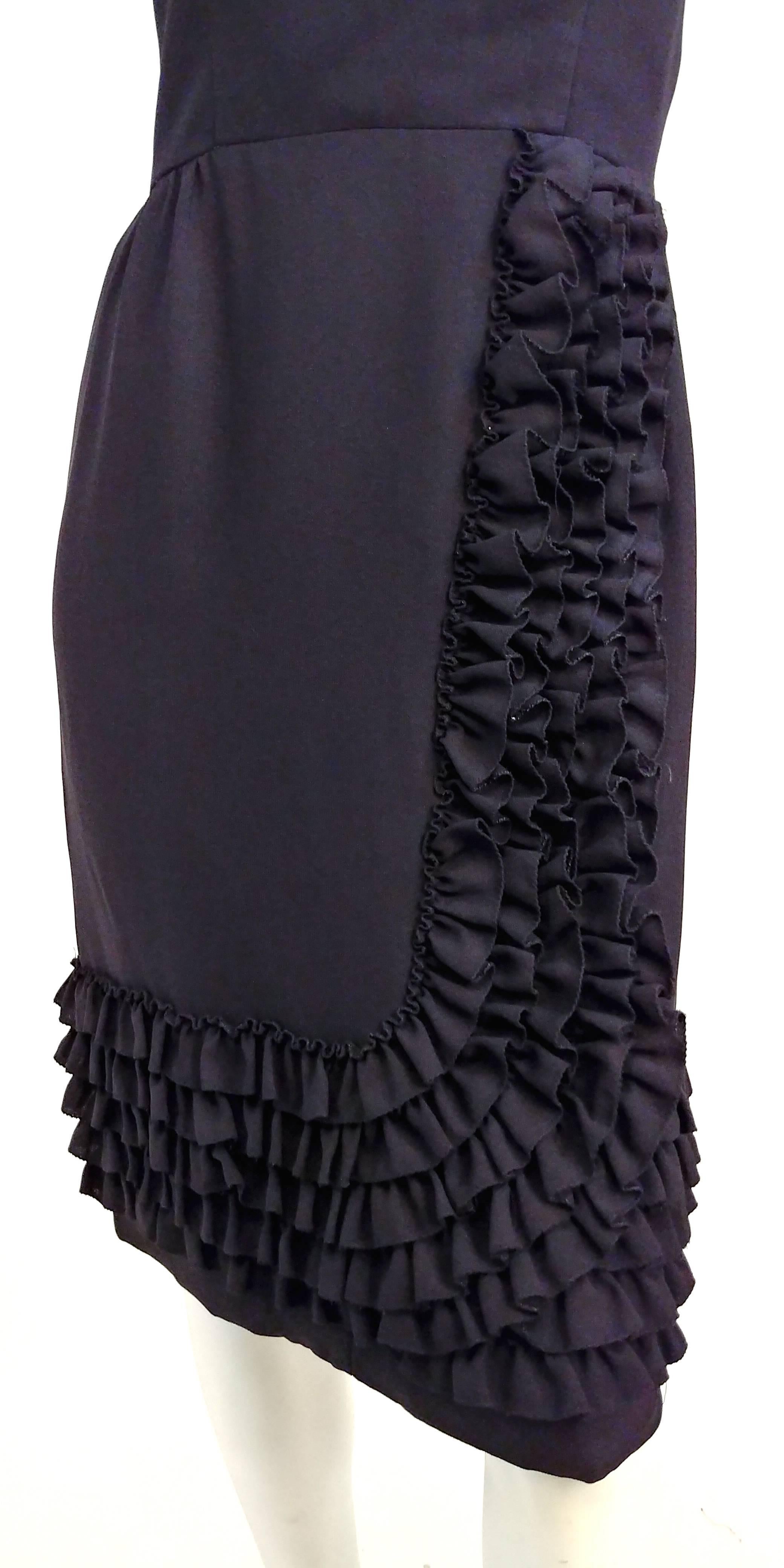 1960s Ruffled Front Cocktail Dress. Black crepe fabric, fully lined.