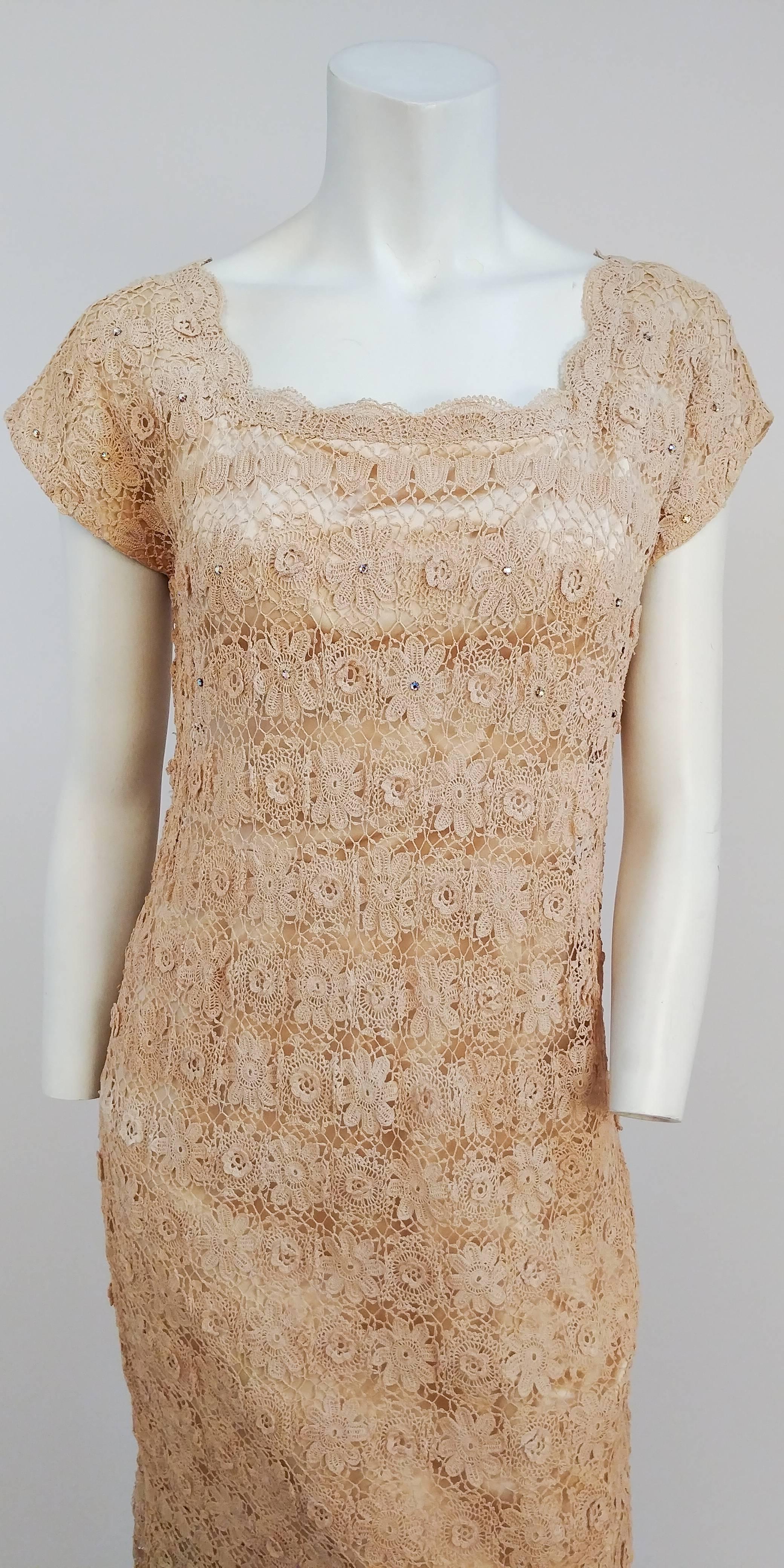 Brown 1960s Ivory Crocheted Lace Cocktail Dress For Sale