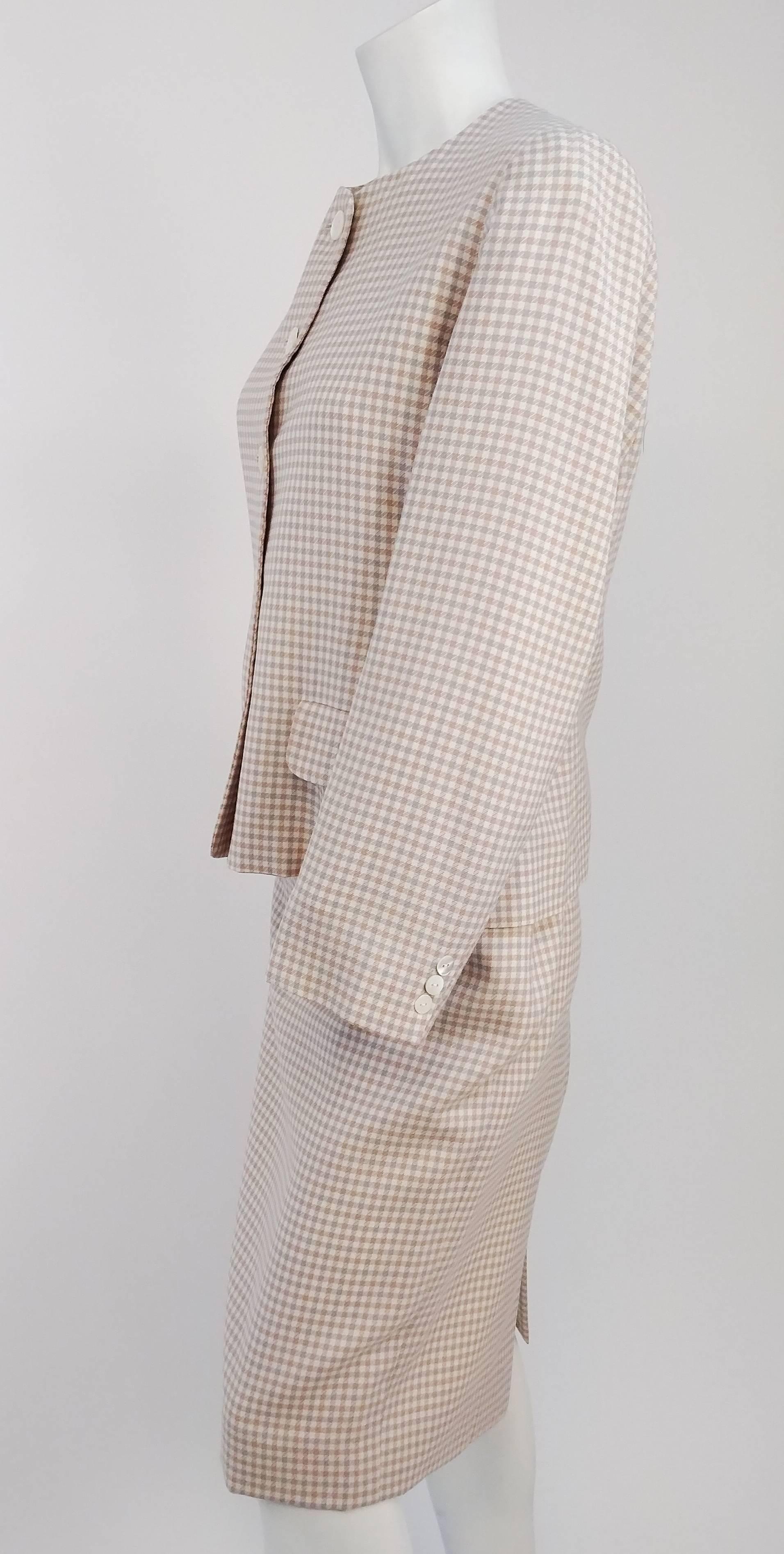 Beige 1980s Jaeger Two Piece Gingham Skirt Suit For Sale