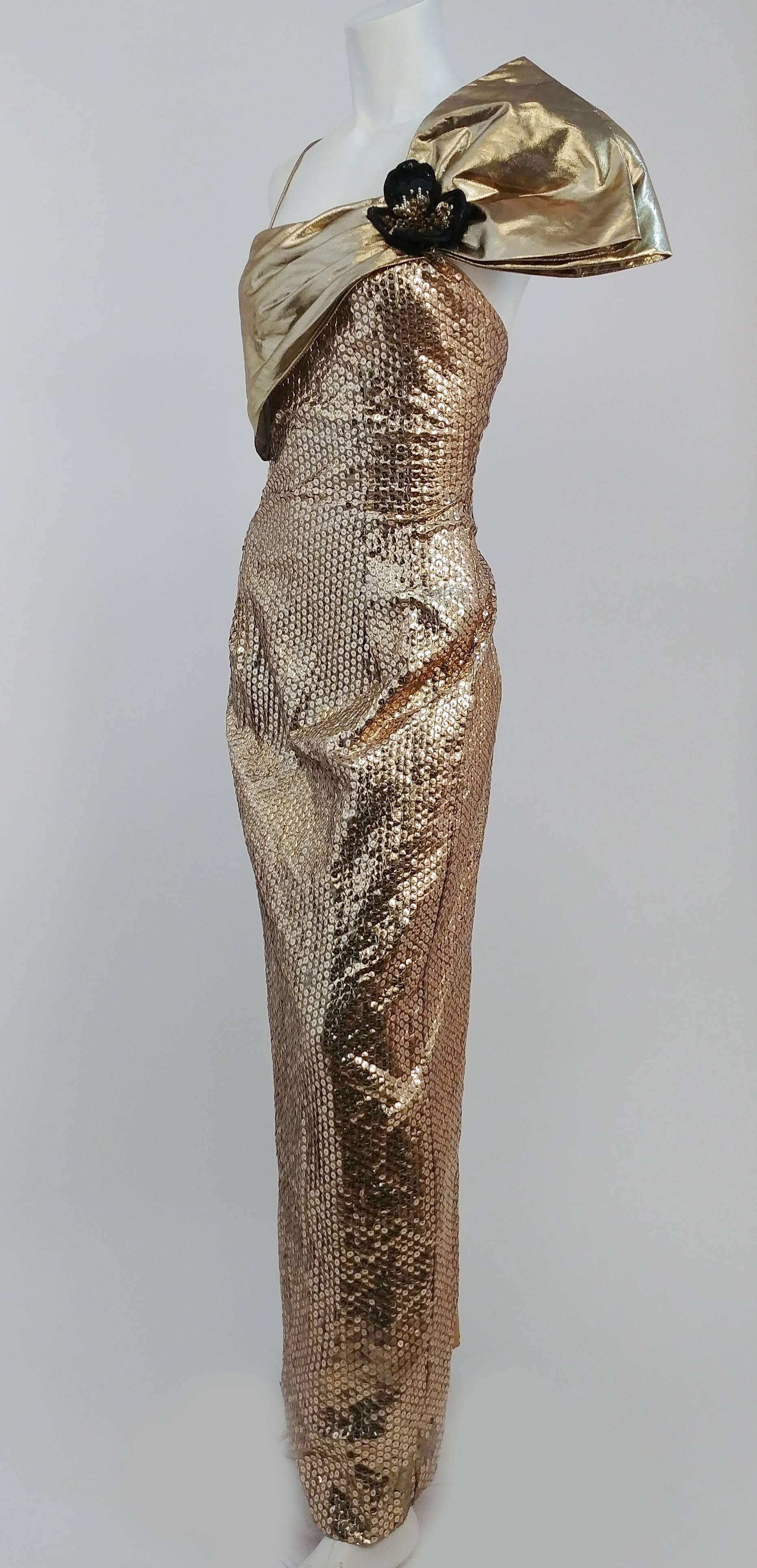 1980s Gold Metallic Sequin Party Dress w/ Bow. All-over sequins cover dress, with lamé fabric forming a large bow over the shoulder. Criss-cross low back. 