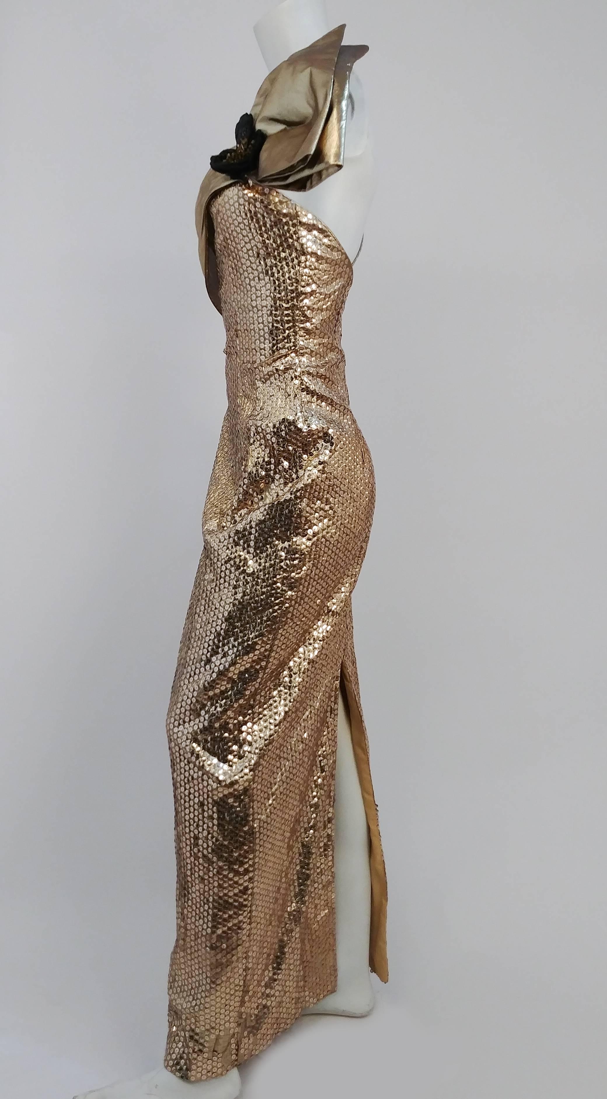Brown 1980s Gold Metallic Sequin Party Dress w/ Bow