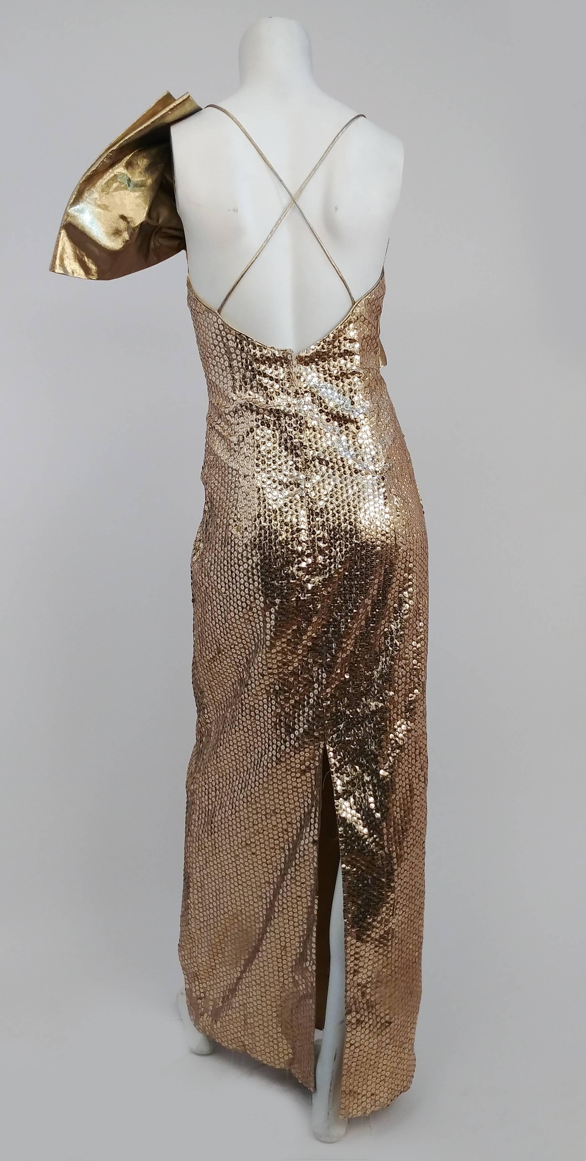 1980s Gold Metallic Sequin Party Dress w/ Bow In Excellent Condition In San Francisco, CA