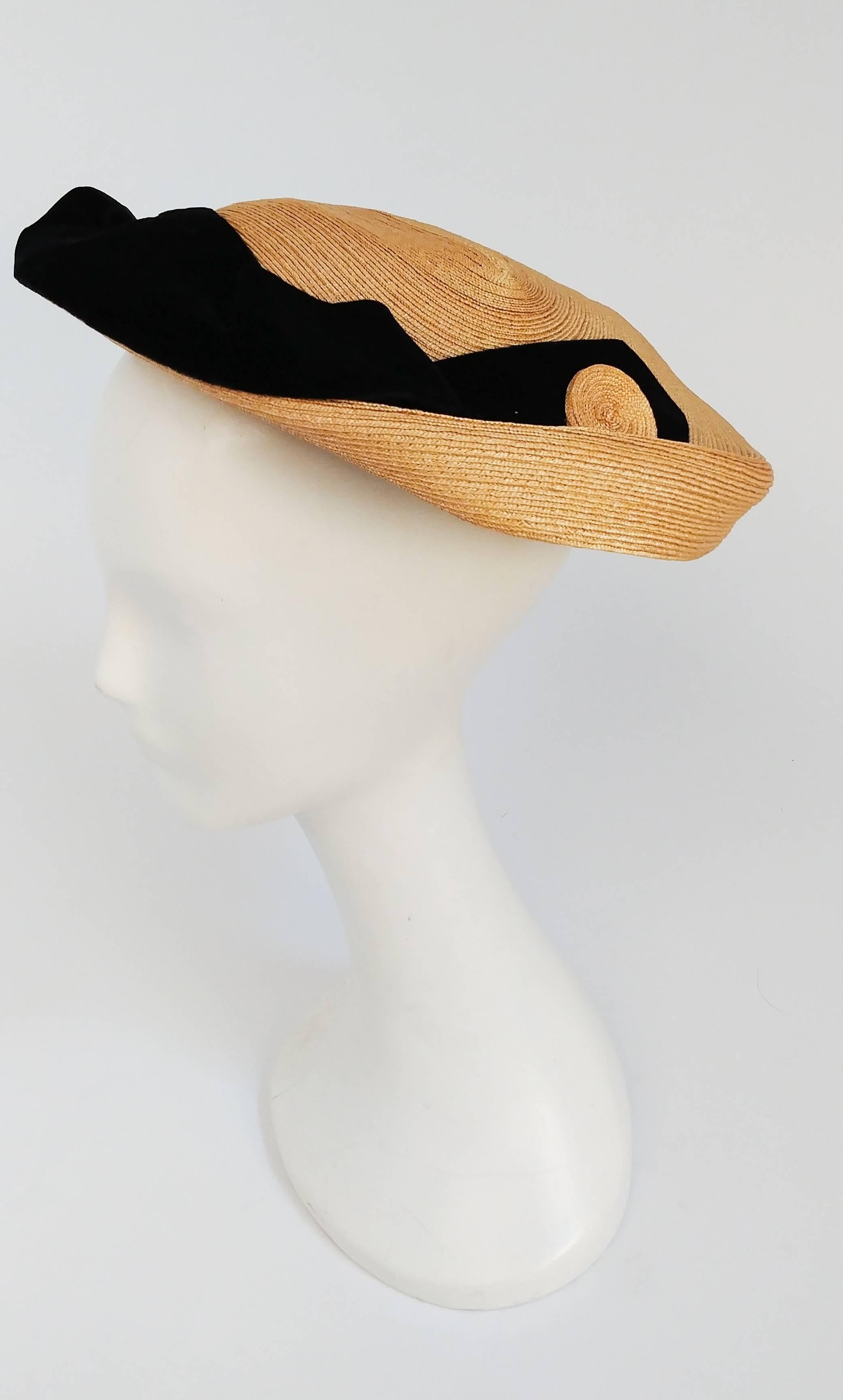 Brown 1950s Schiaparelli Straw & Velvet Hat