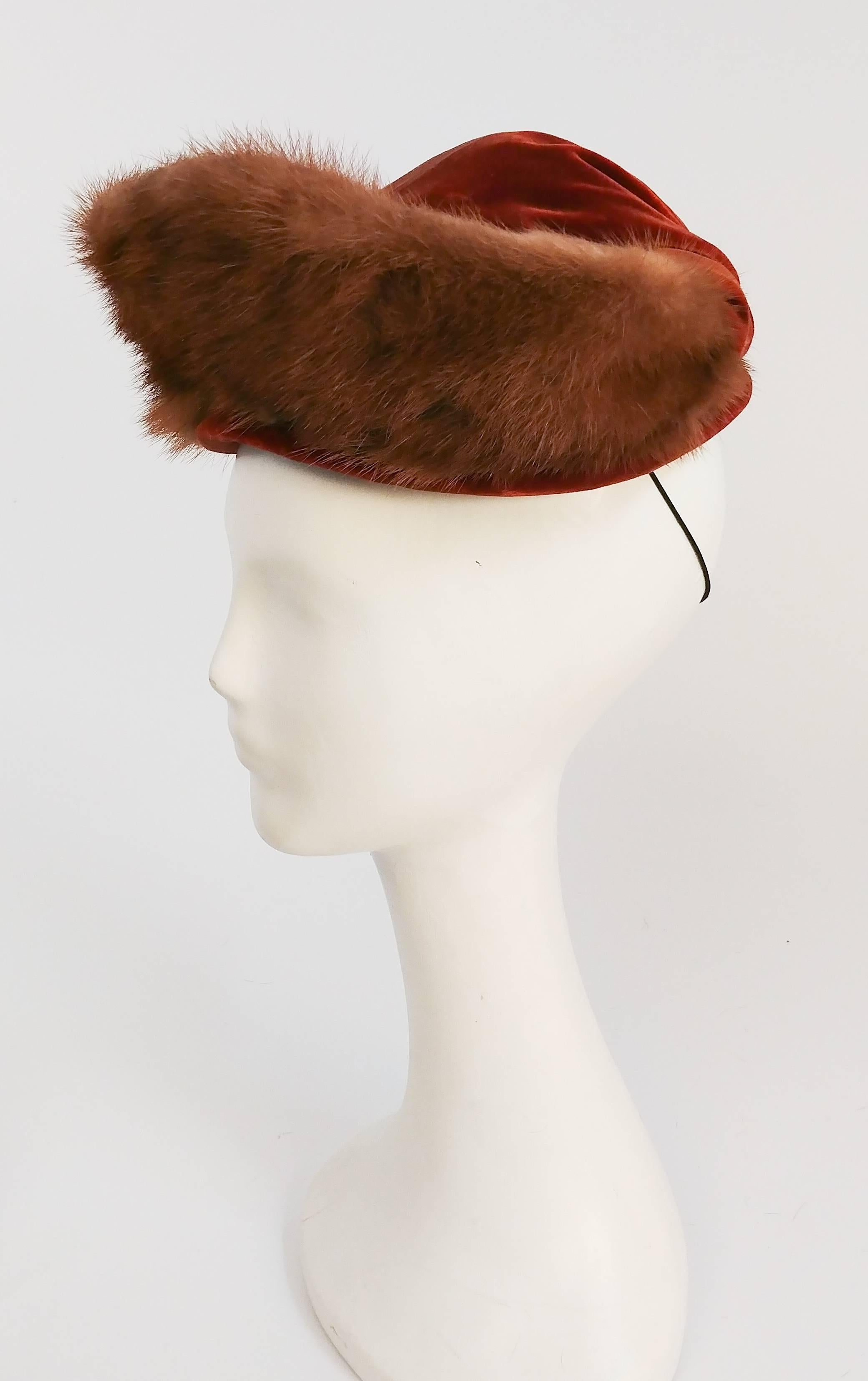 1940s Velvet & Mink Hat. Elastic holds hat to head.