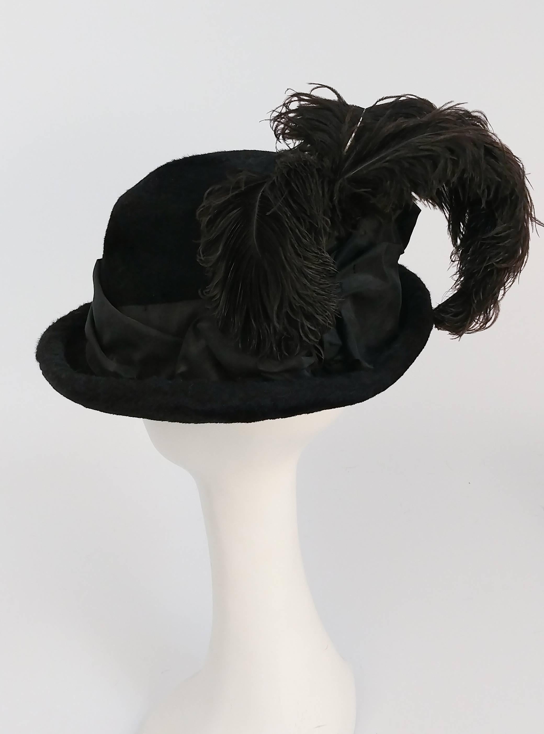 1910s Edwardian Black Hat w/ Silk Ribbon and Ostrich Feather Trim For ...