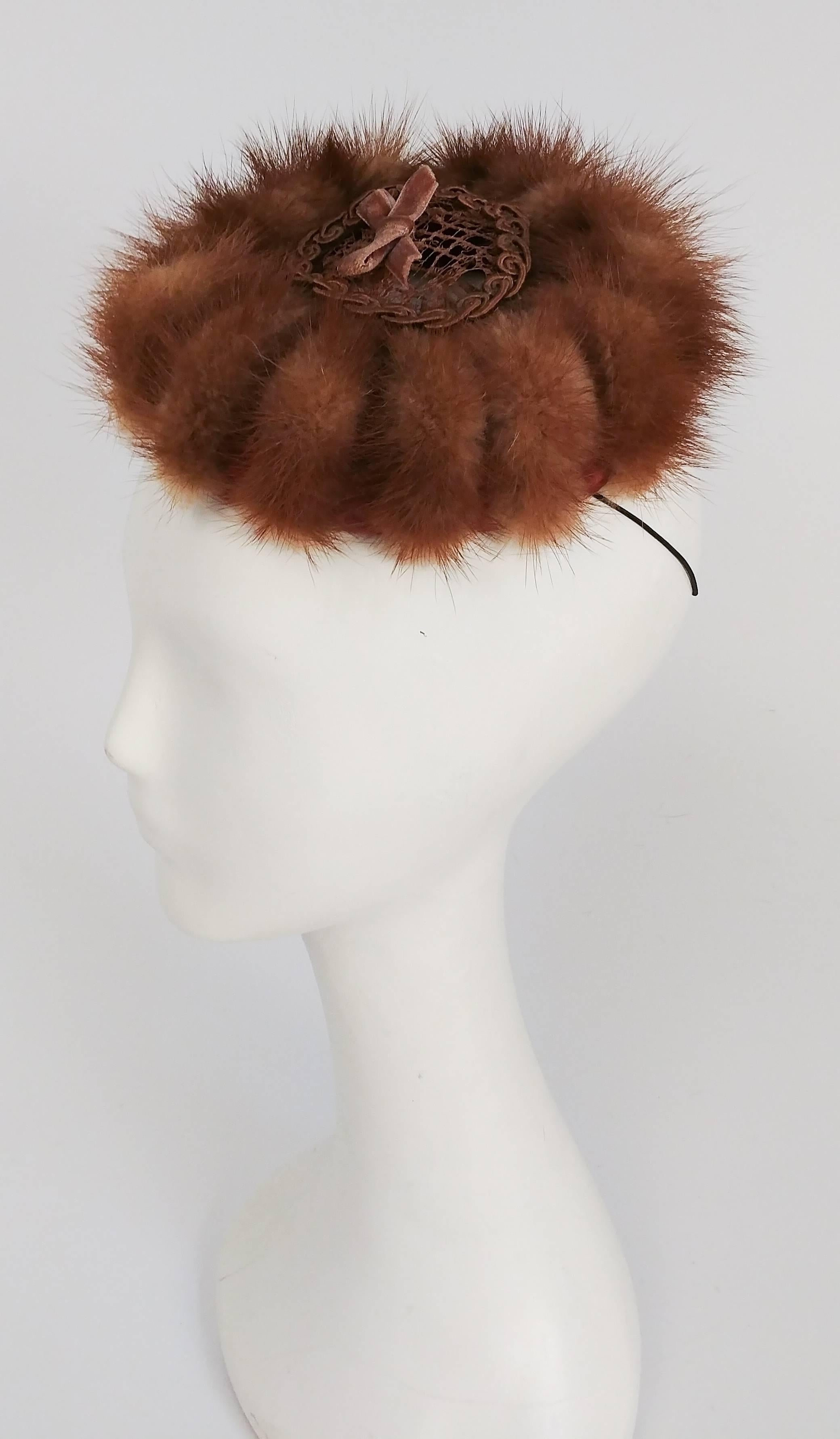 1940s Small Mink Hat. Worn tilted forwards, held in place with elastic band