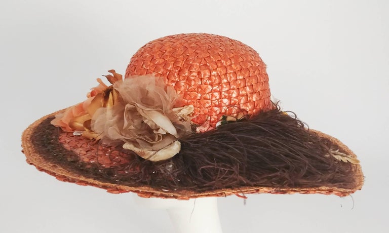 Brown Edwardian Summer Daytime Hat w/ Flowers & Feathers For Sale