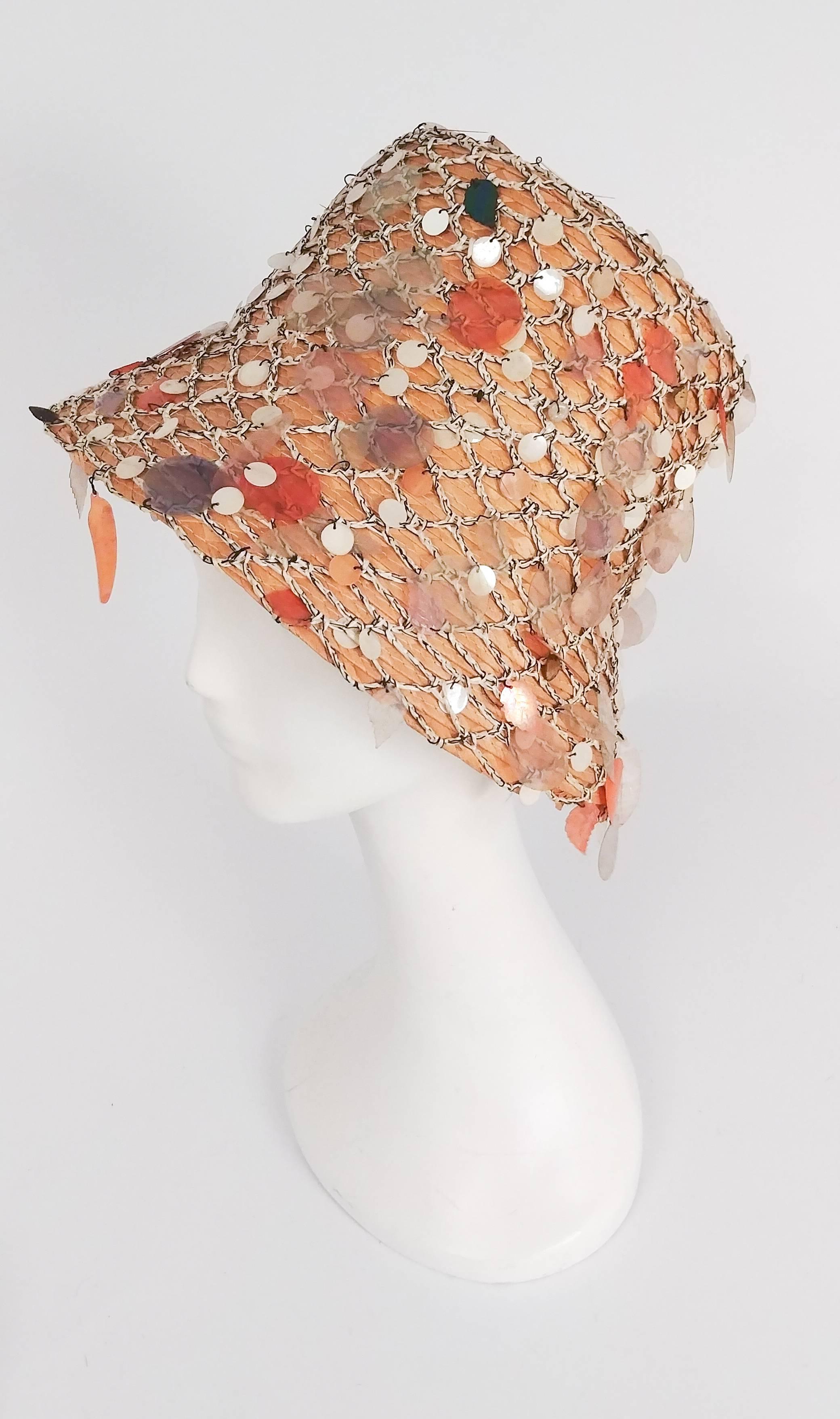 1960s Straw Summer Mermaid Cloche w/ Sequins. Fishnet outer covering. Made in Italy.