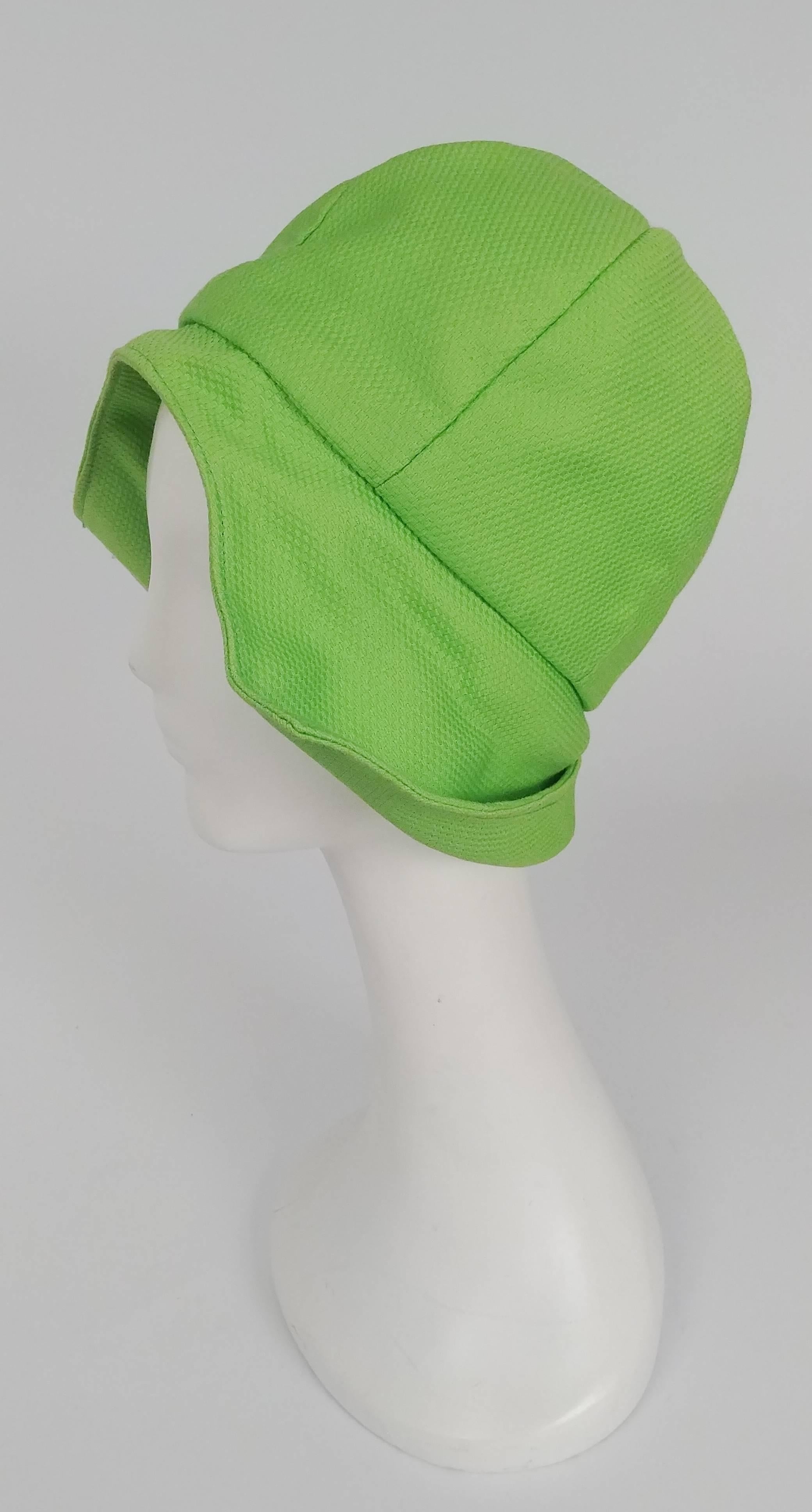 1960s Lime Green Mod Summer Cloche Hat. Inner drawstring allows for adjustability. Dead stock w/ tags.