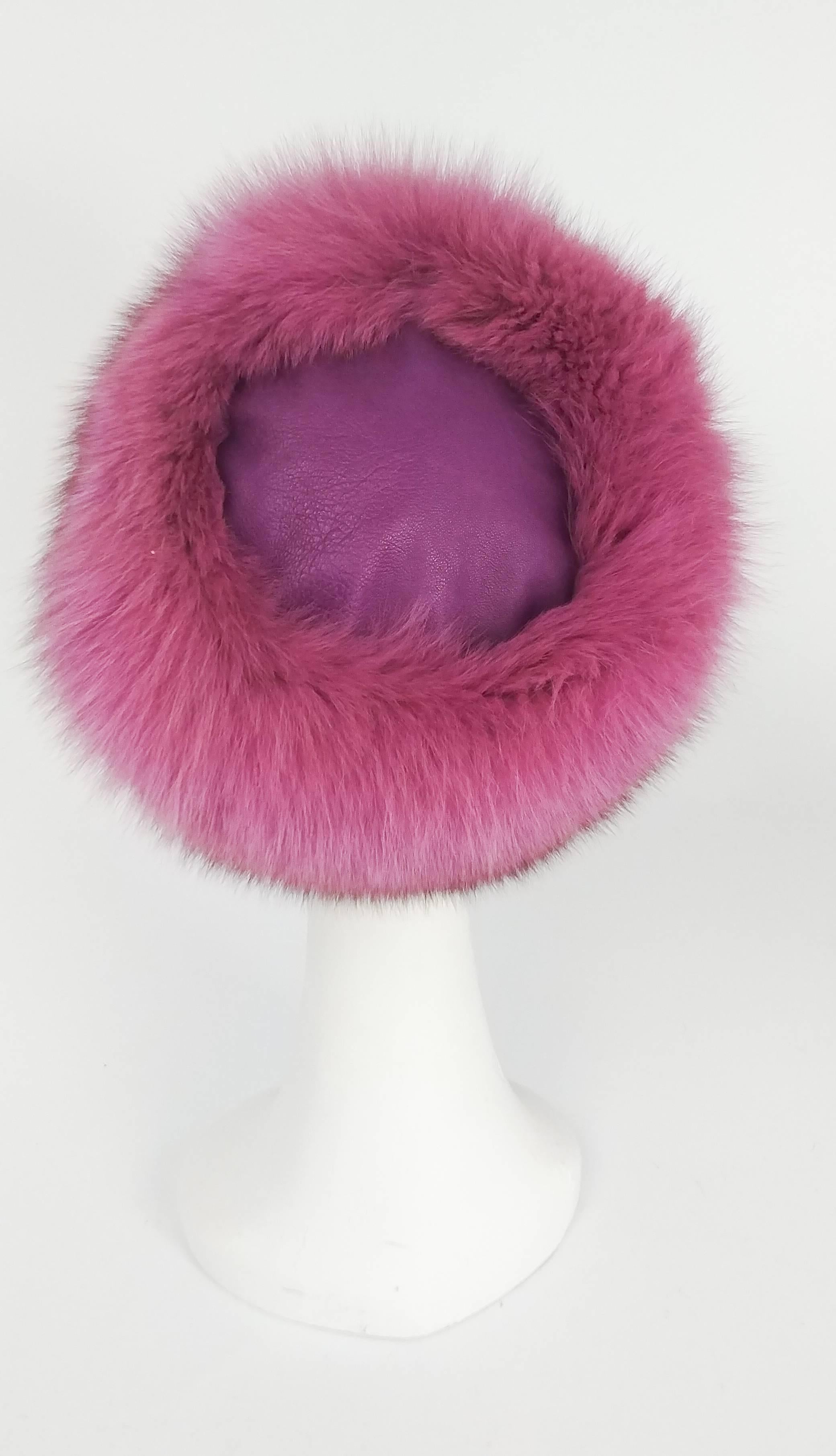 Brown 1960s Purple Fox Fur and Leather Hat
