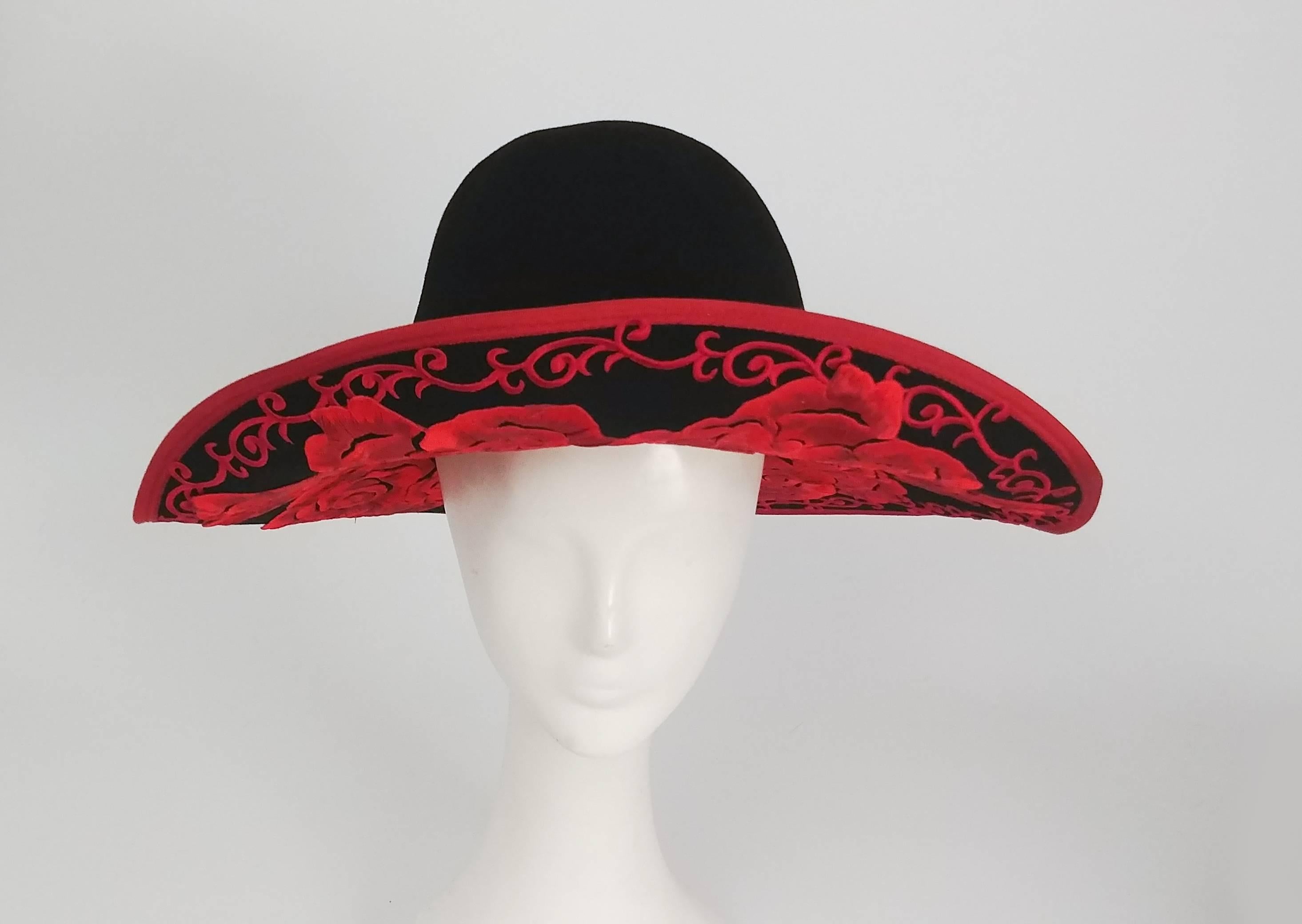 1980s Kokin Black Wide Brim Hat w/ Red Embroidered Roses. Wire brim allows for wearer to position brim easily. 
