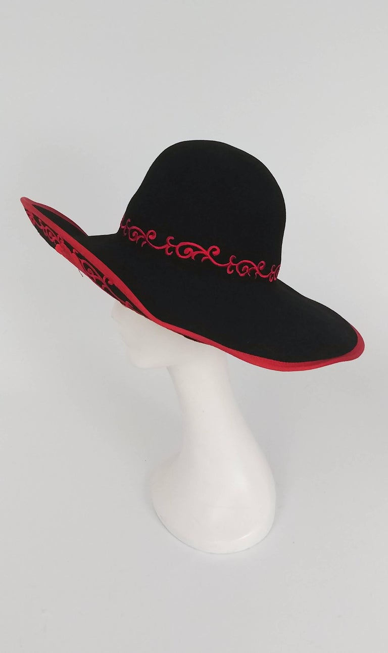 1980s Kokin Black Wide Brim Hat w/ Red Embroidered Roses at  display picture 1